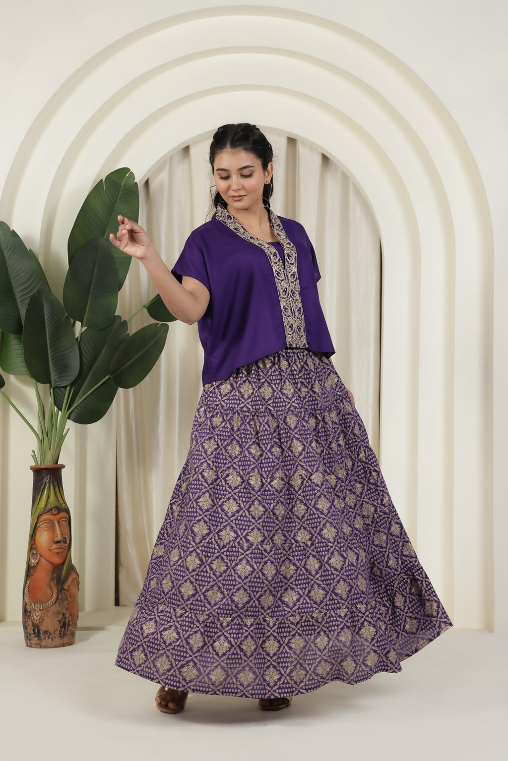 Purple Cotton Top with Zariwork and Foil Printed Skirt