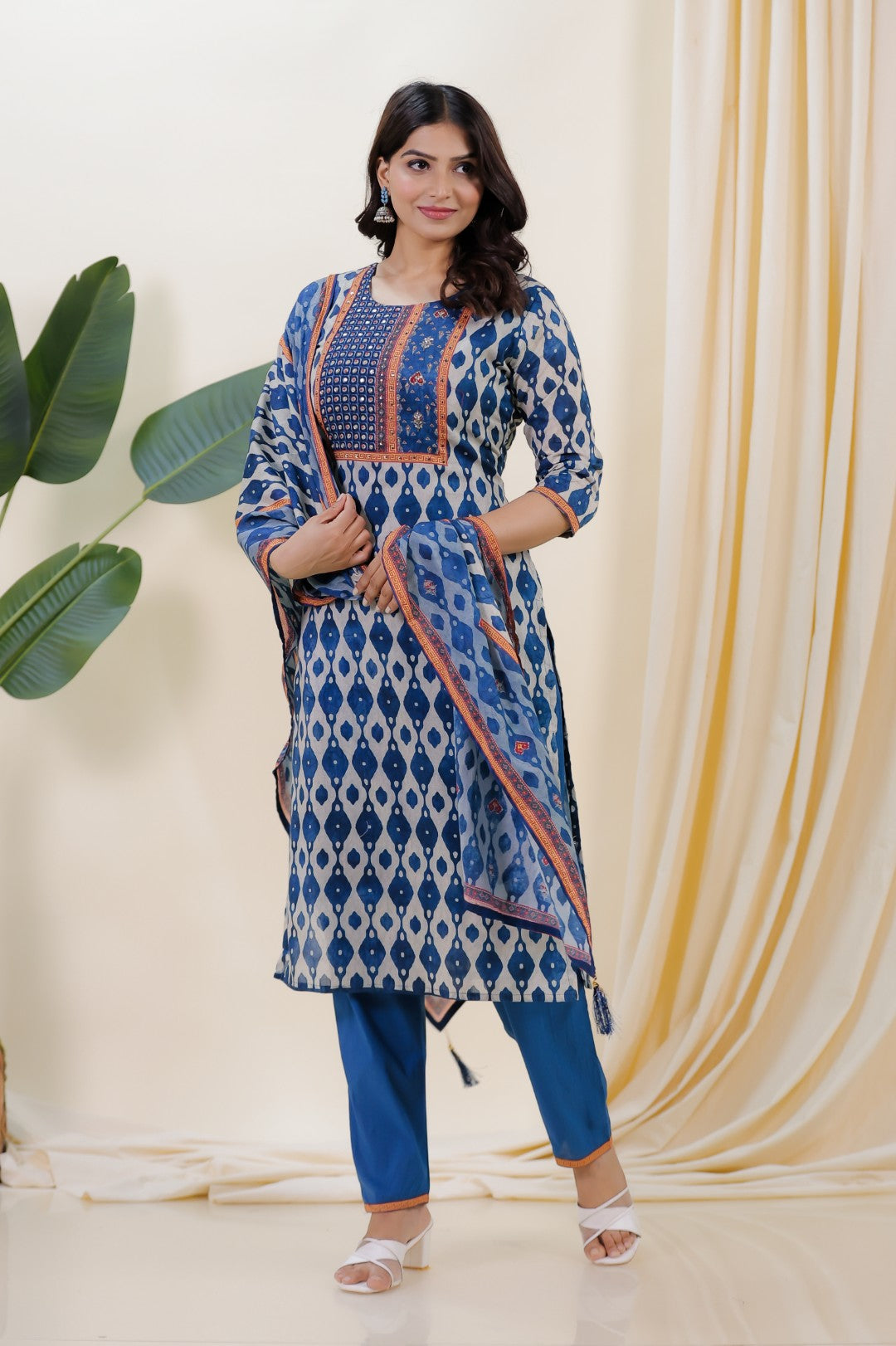 Light Grey & Diesel Blue Cotton Printed Suit with Sequin & Thread Work, Bottom & Dupatta