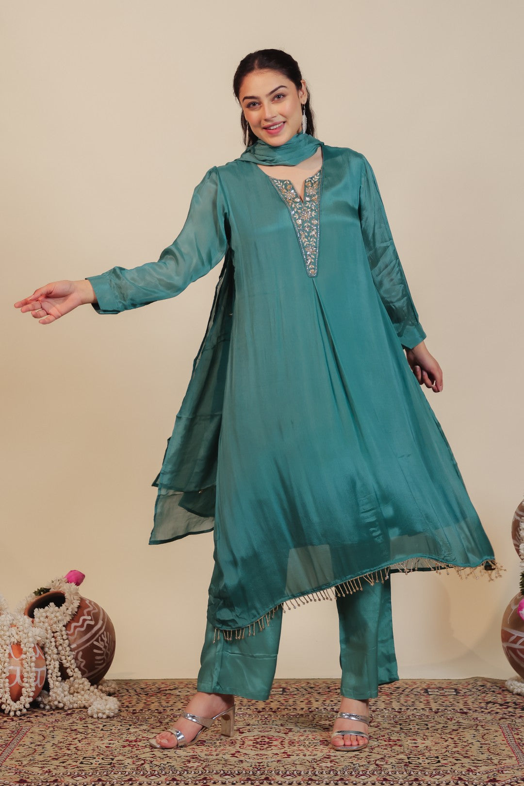 Teal Green Chinon Suit with Handwork, Bottom & Dupatta