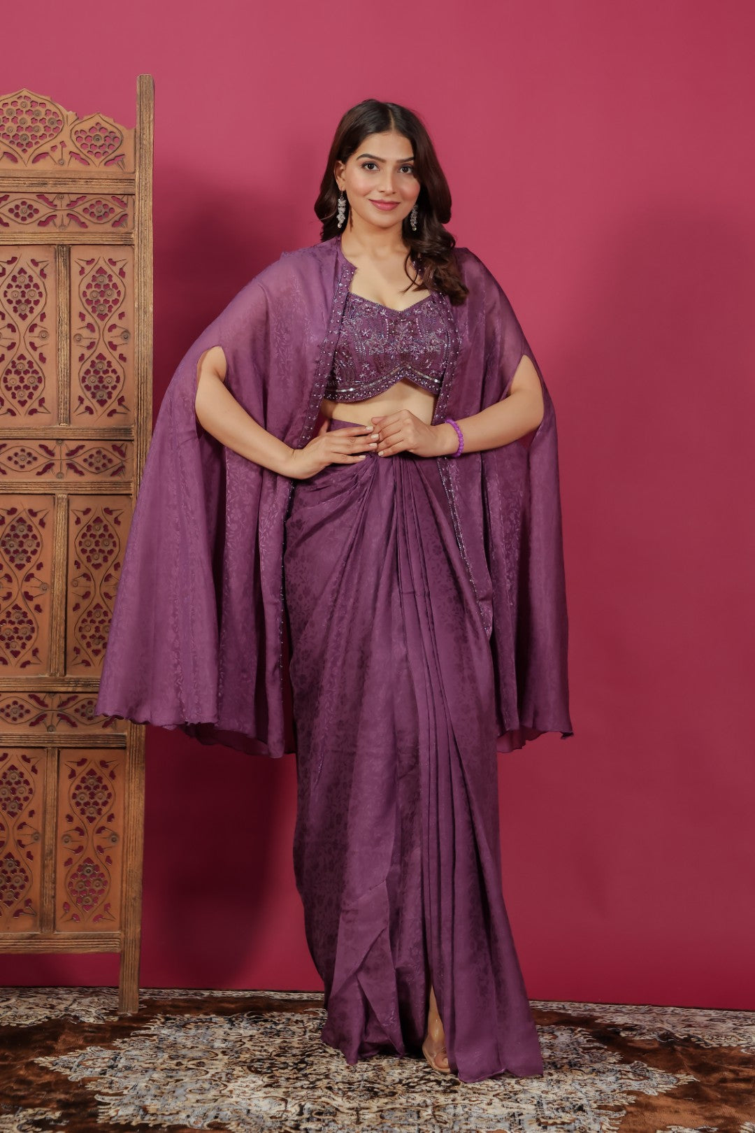 Purple Mosh Silk Jacquard Dhoti Set with Handwork Blouse & Shrug