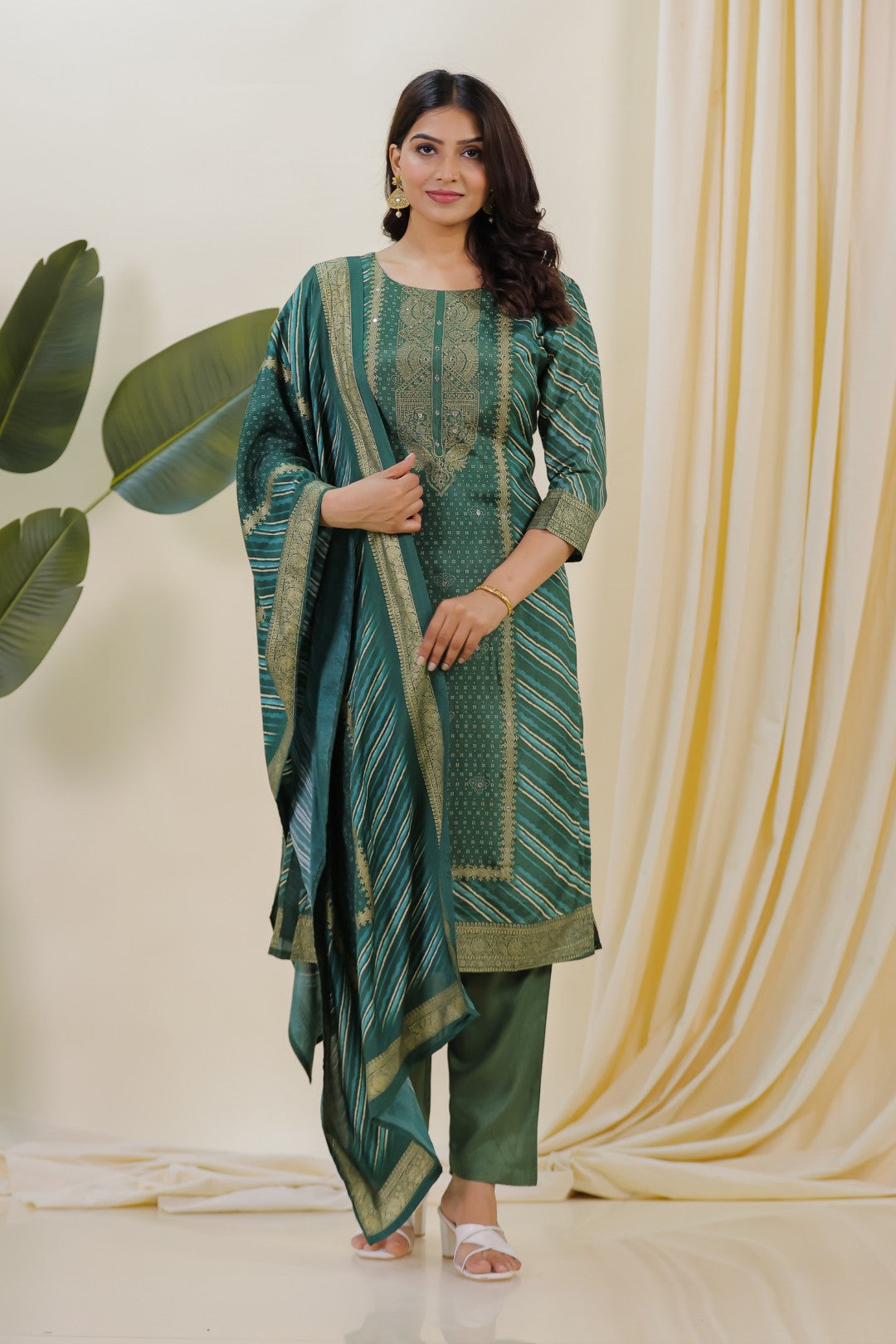 Green Silk Leheriya Print Suit with Foil Work, Bottom & Dupatta