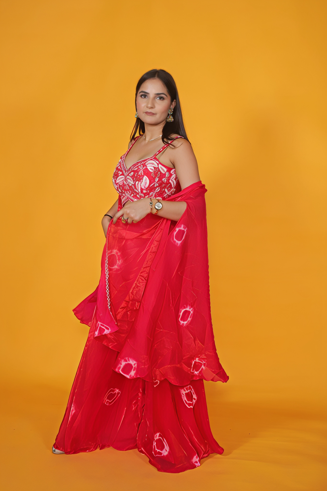 Rani Pink Silk Handwork Blouse with Printed Sharara & Shrug