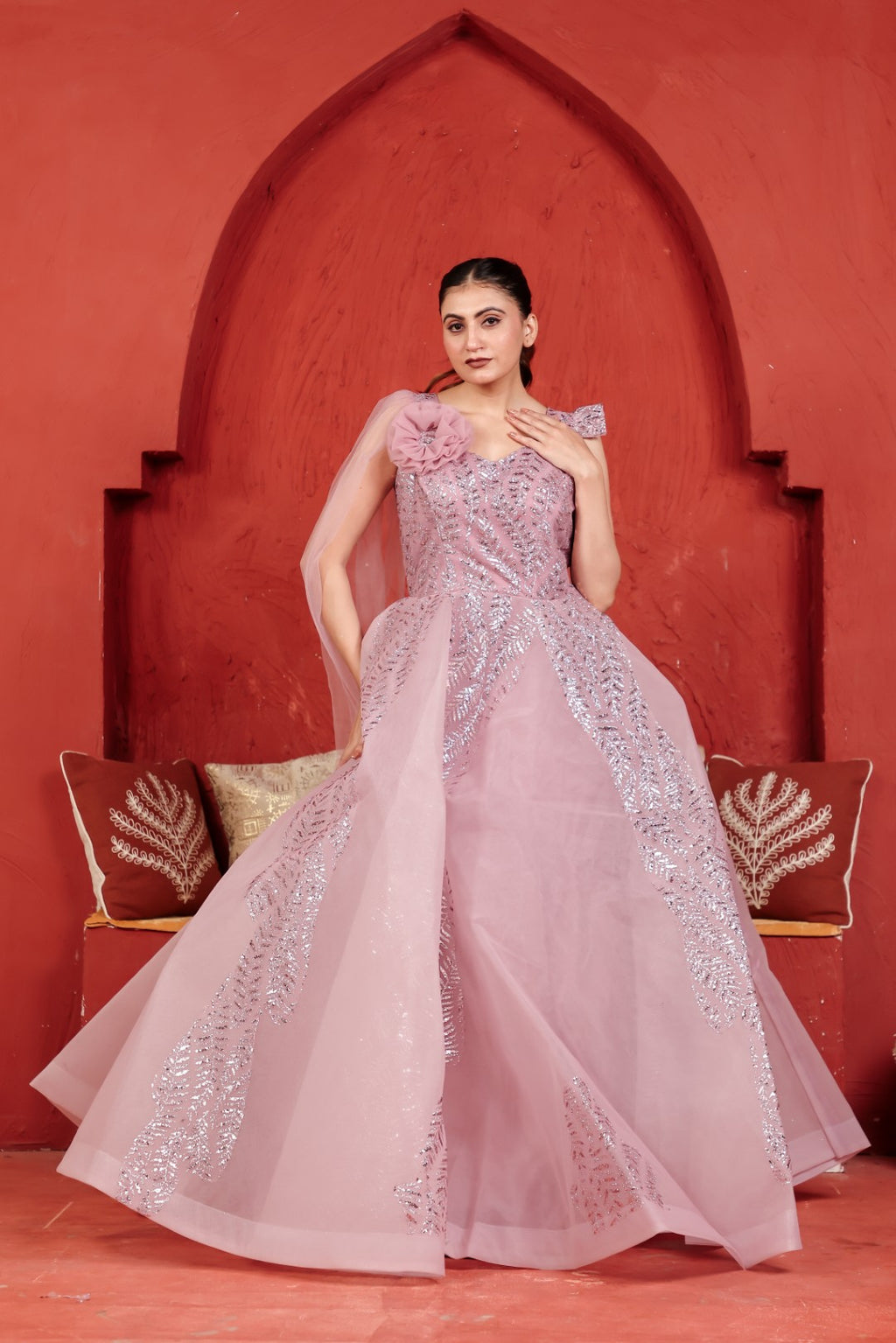 Baby Pink Net Gown with Sequin Work & Attached Dupatta