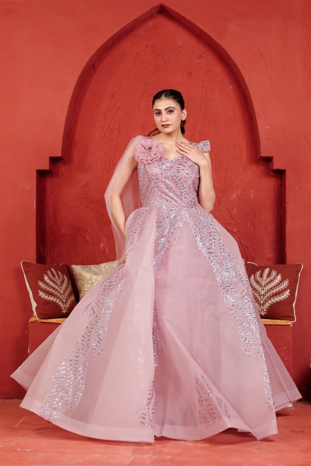 Baby Pink Net Gown with Sequin Work & Attached Dupatta