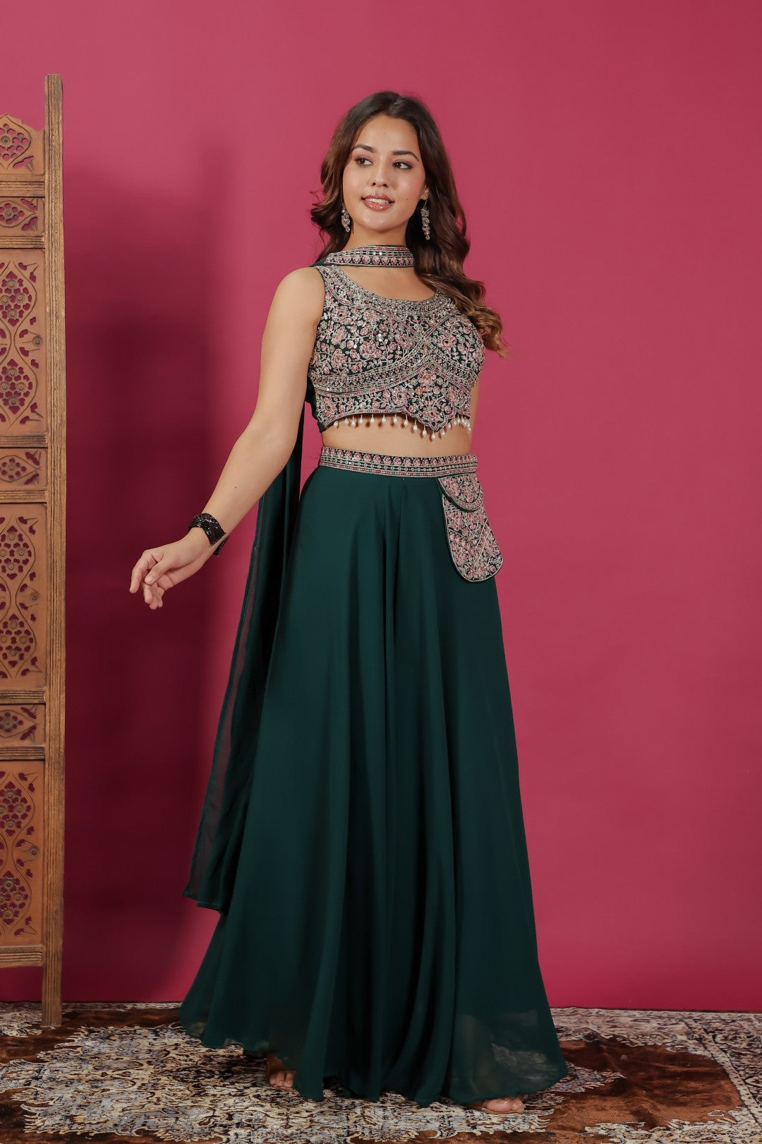 Dark Green Georgette Blouse with Heavy Zari Work, Sharara & Dupatta
