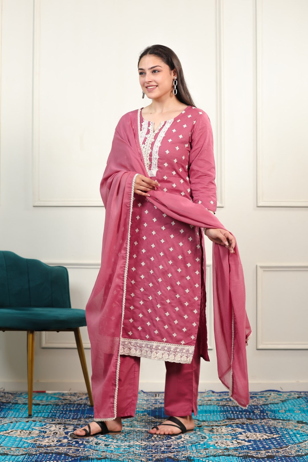Rose Pink Cotton Suit with Fine Thread Work, Bottom & Dupatta