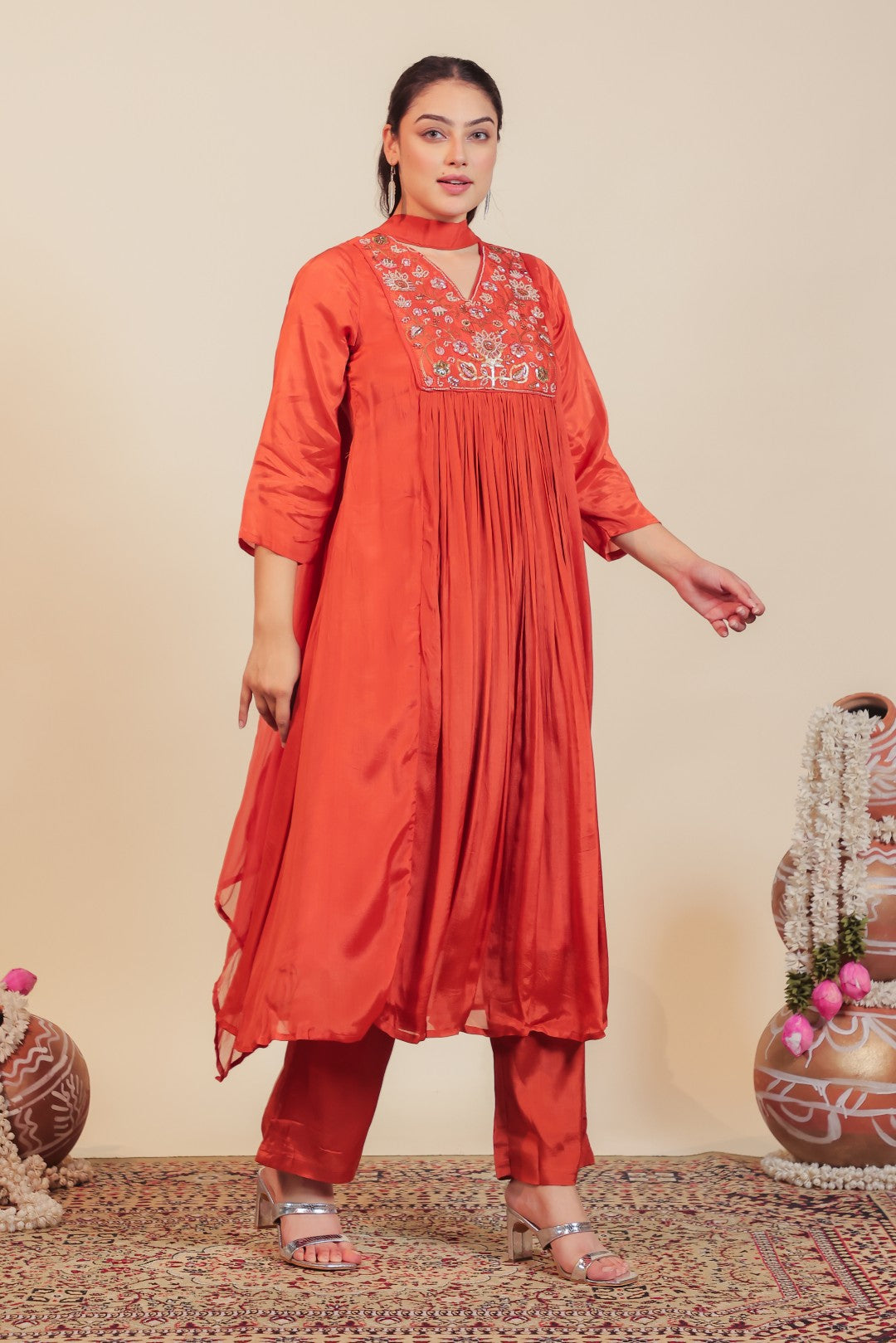 Rust Chinon Suit with Handwork, Bottom & Dupatta