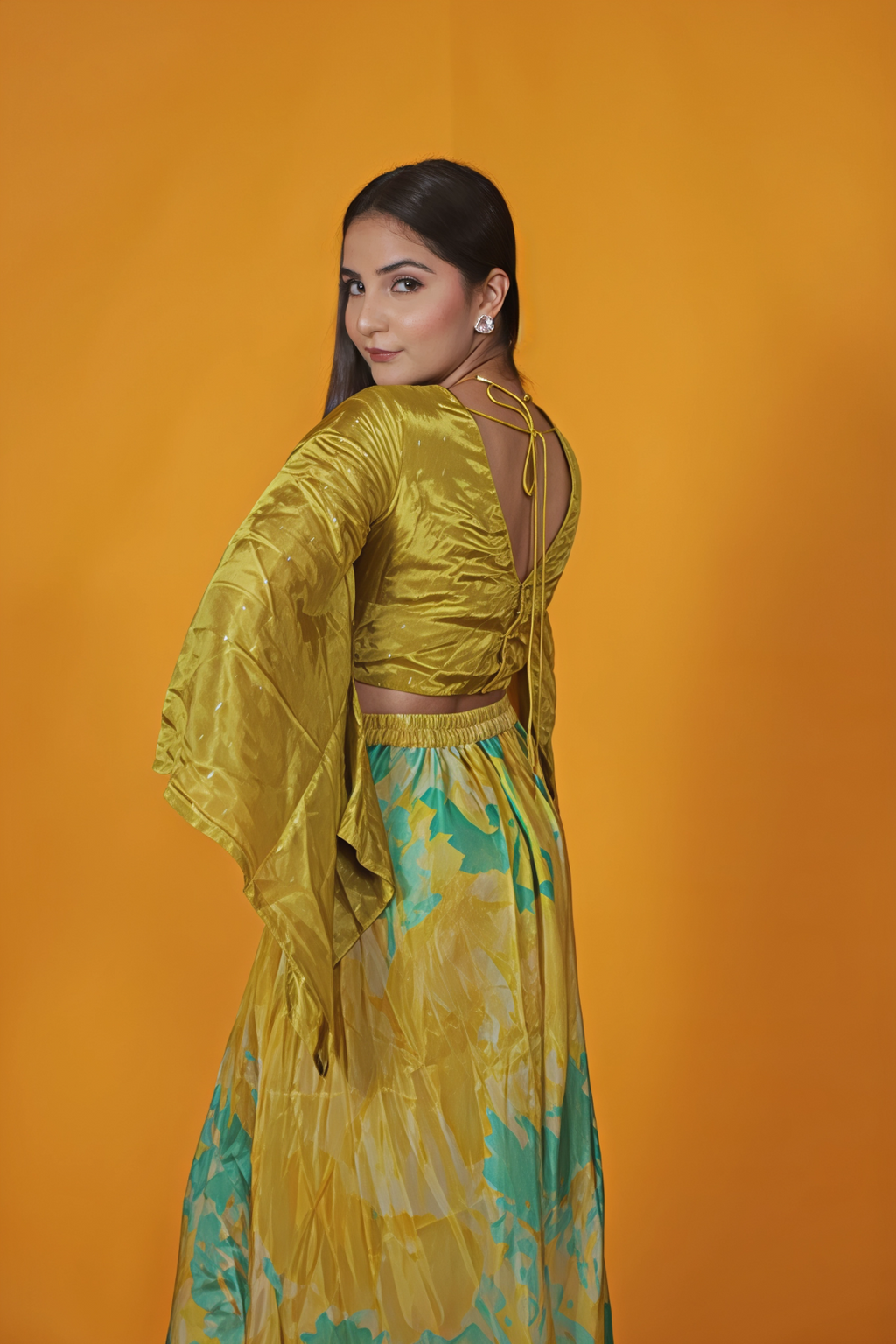 Gold Yellowish Silk Blouse with Handwork and Printed Sharara