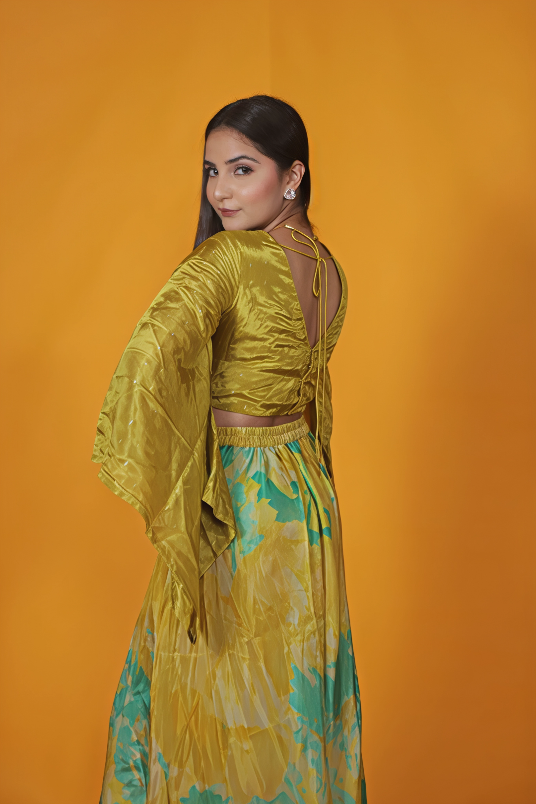 Gold Yellowish Silk Blouse with Handwork and Printed Sharara
