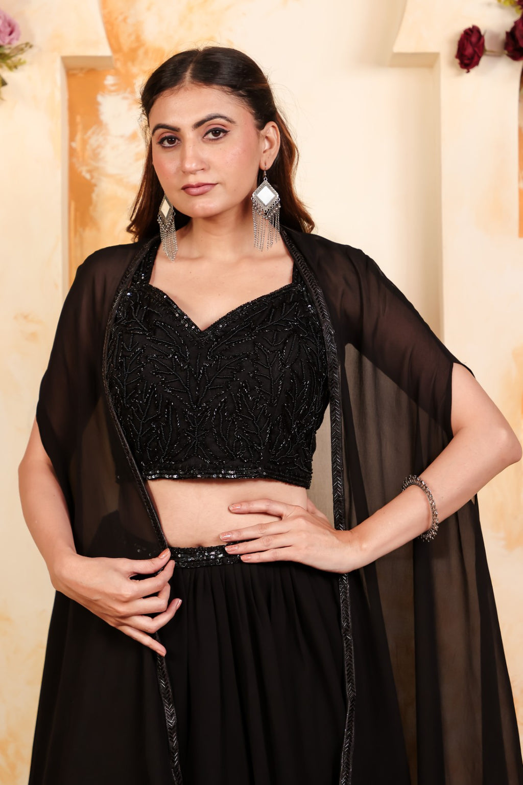 Black Georgette Handwork Blouse with Lehenga & Shrug