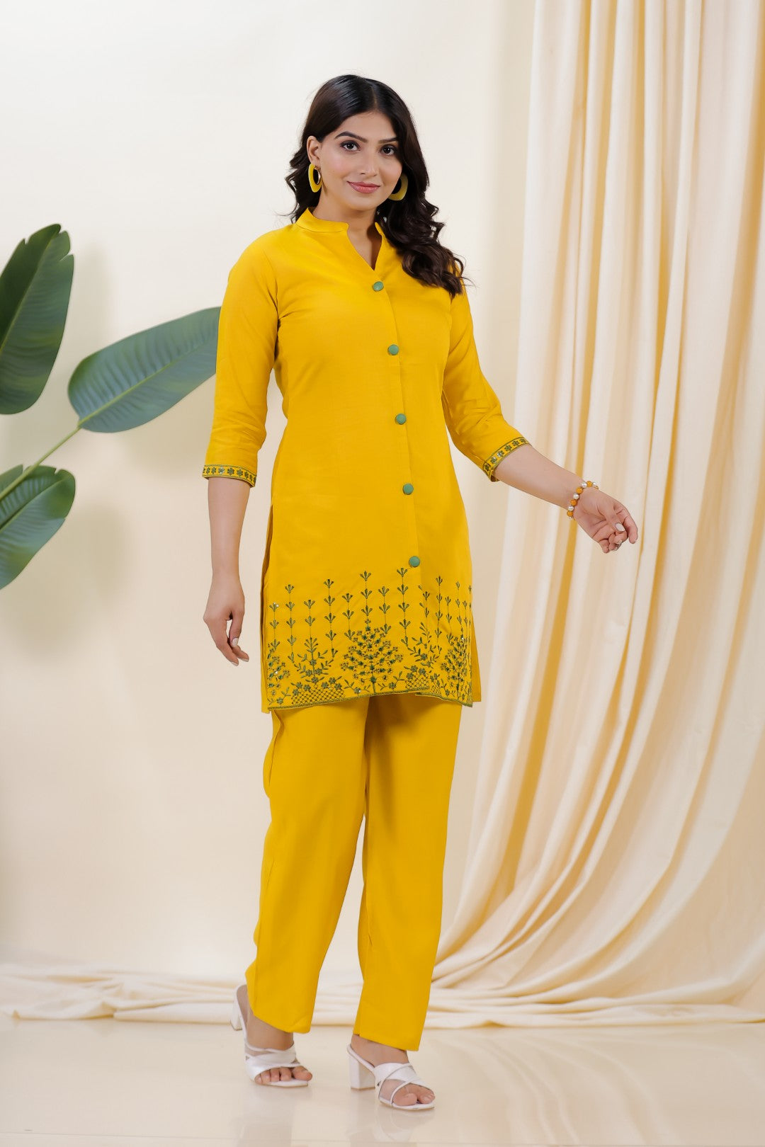 Mustard Yellow Muslin with Sequin Thread Work Co-ord Set