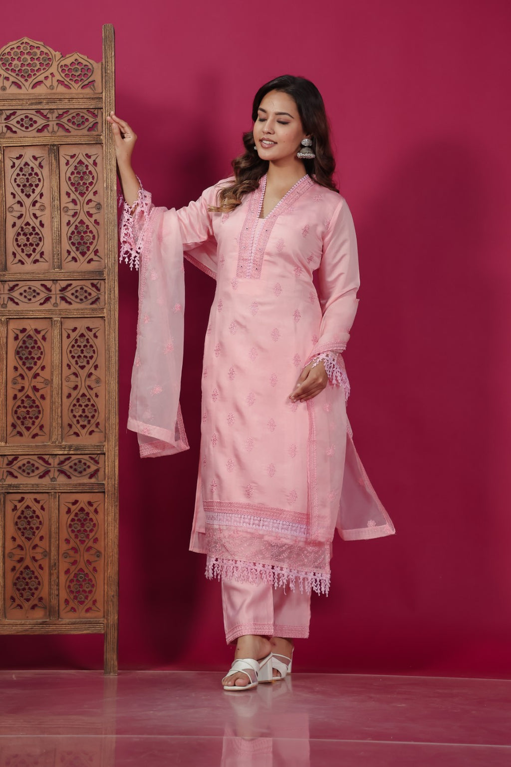 Baby Pink Muslin Silk Suit with Thread Embroidery, Bottom & Dupatta
