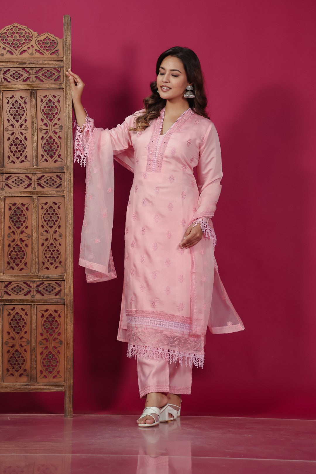 Baby Pink Muslin Silk Suit with Thread Embroidery, Bottom & Dupatta