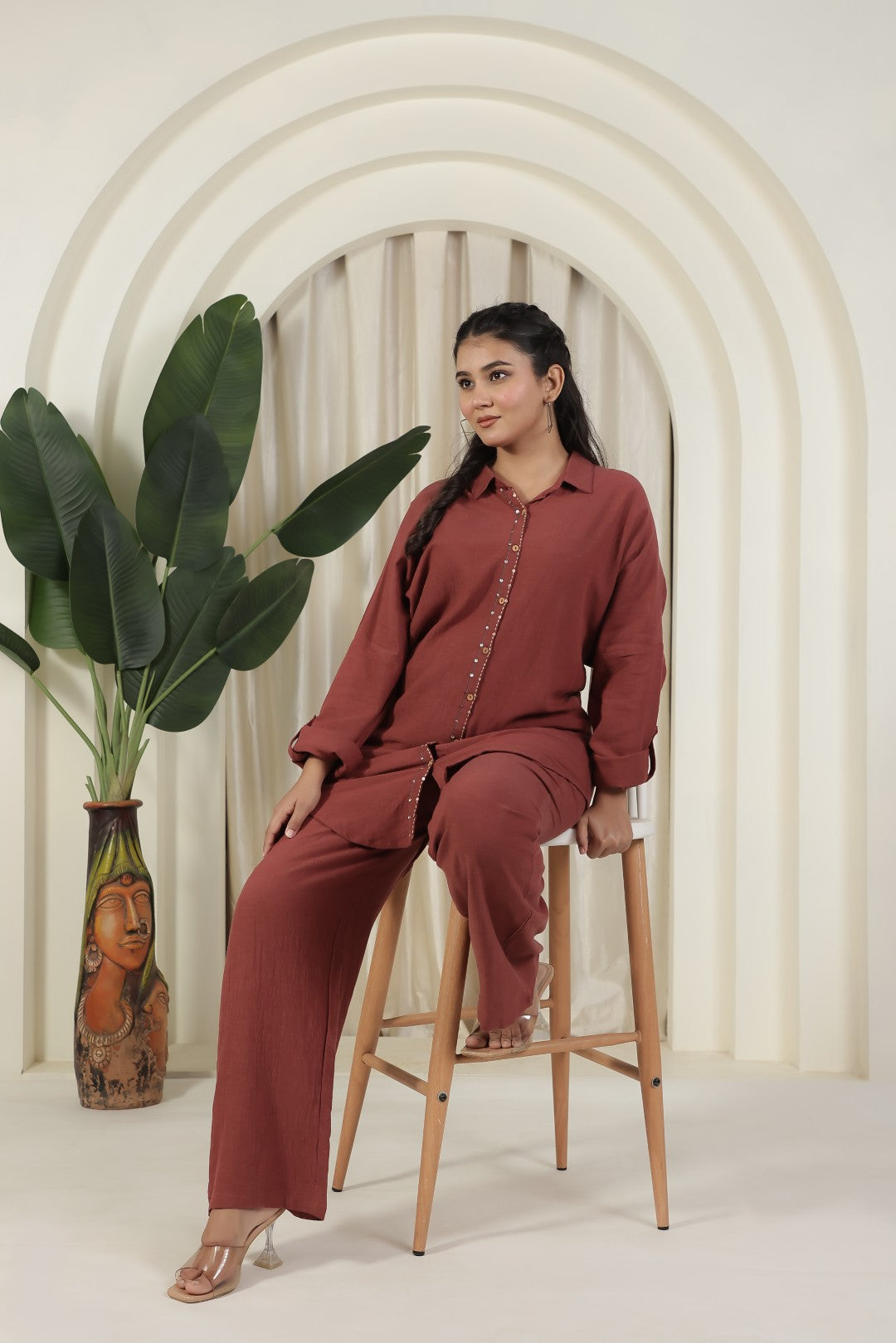 Rusty Brown Wrinkled Cotton Top with Back Thread & Sequence Work with Matching Pant