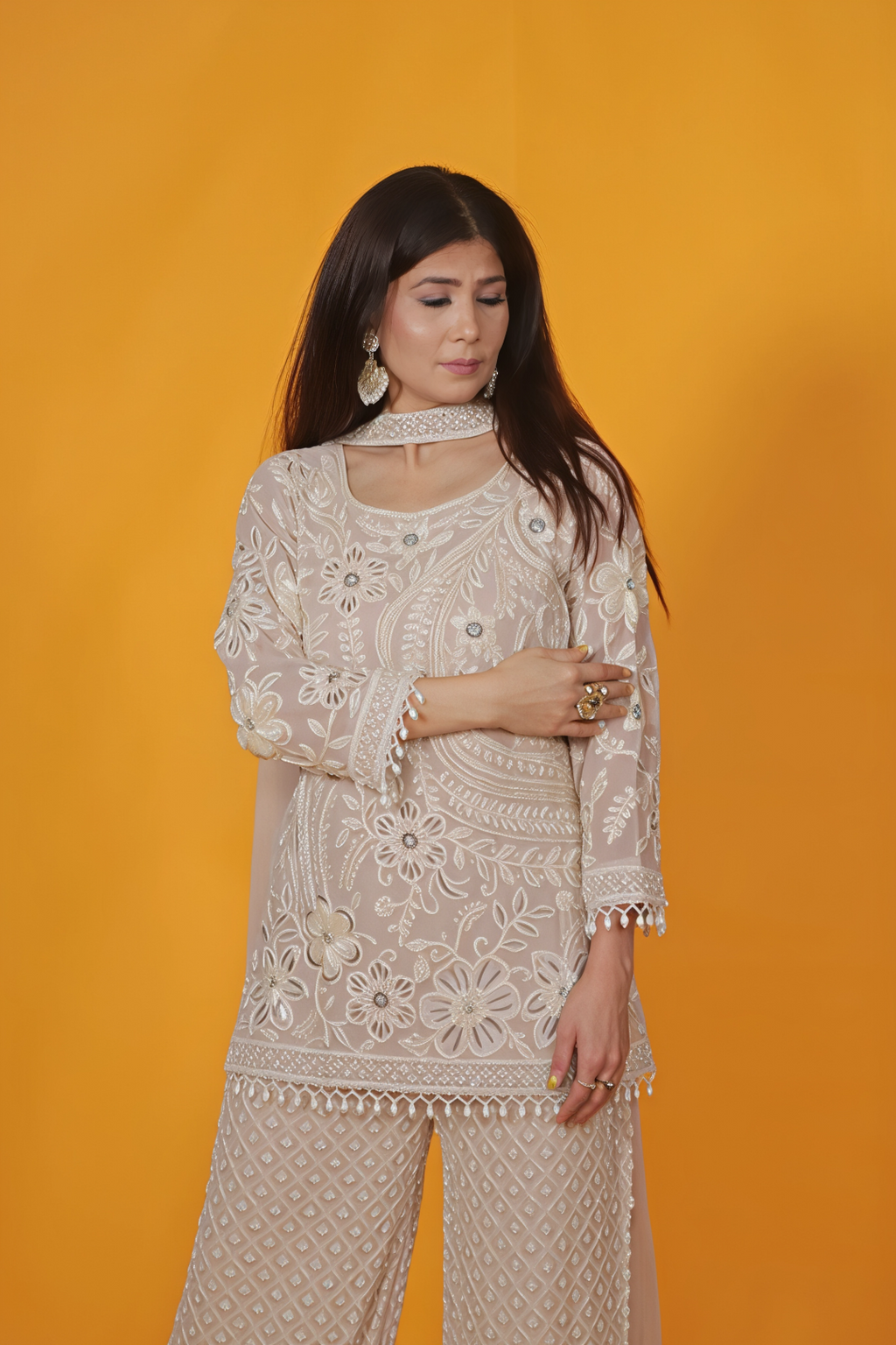 Golden Beige Georgette Top with Pearl Handwork with Palazzo & Dupatta