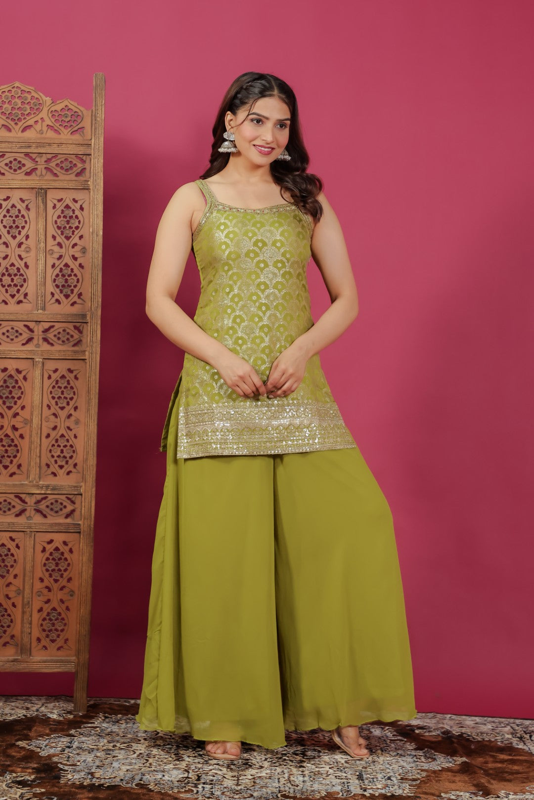 Lime Green Dola Silk Banarasi Suit with Zari & Sequin Work, Sharara & Dupatta