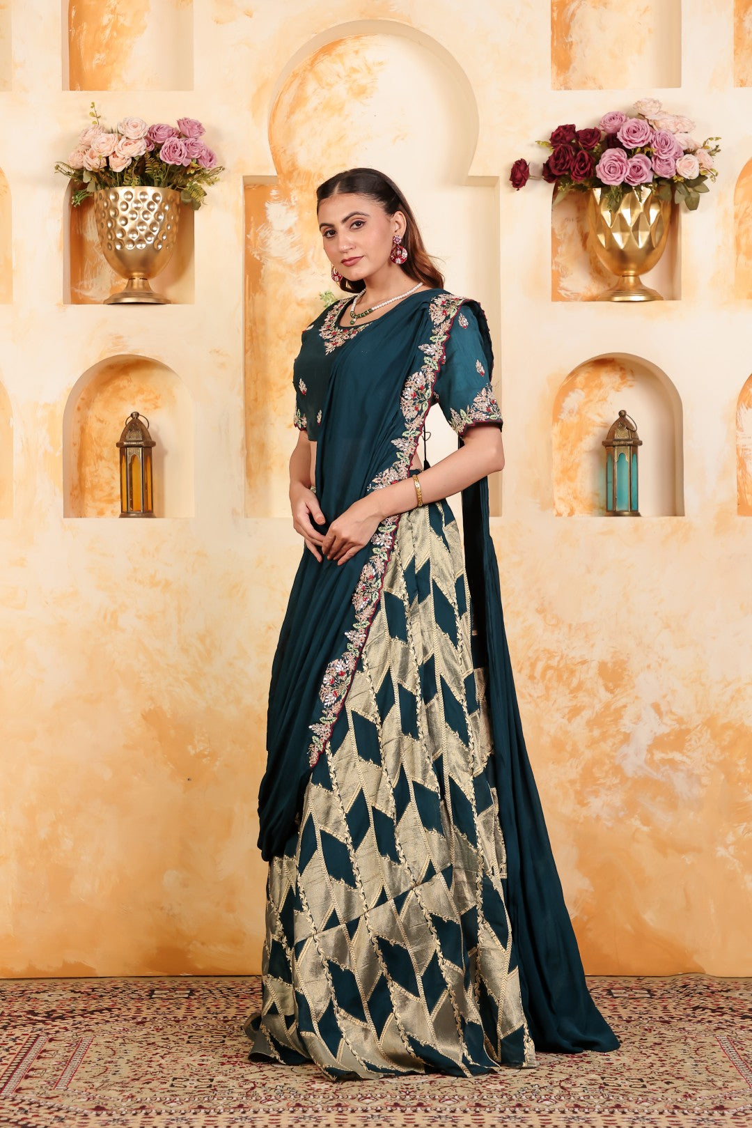Diesel Blue Silk Banarasi Lehenga with Gotta Patti Handwork Blouse, Saree-Style Pallu