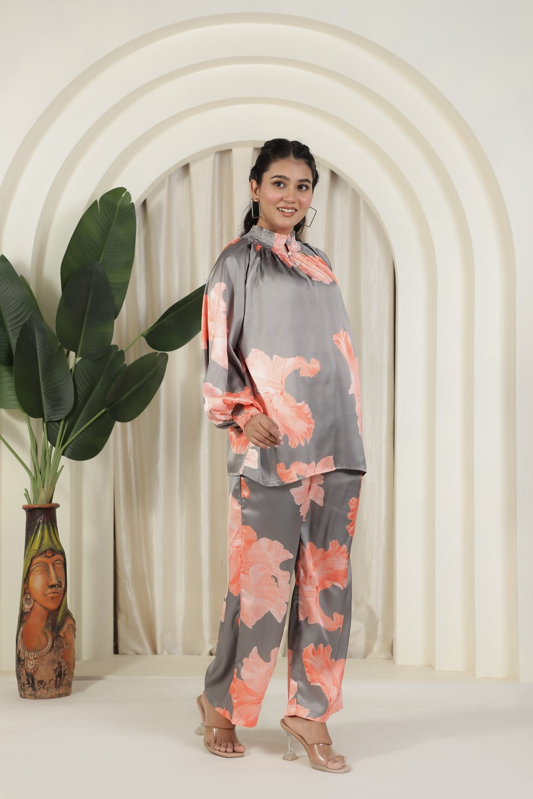 Steel Grey Satin Top with Flower Prints and Paired with Matching Bottom