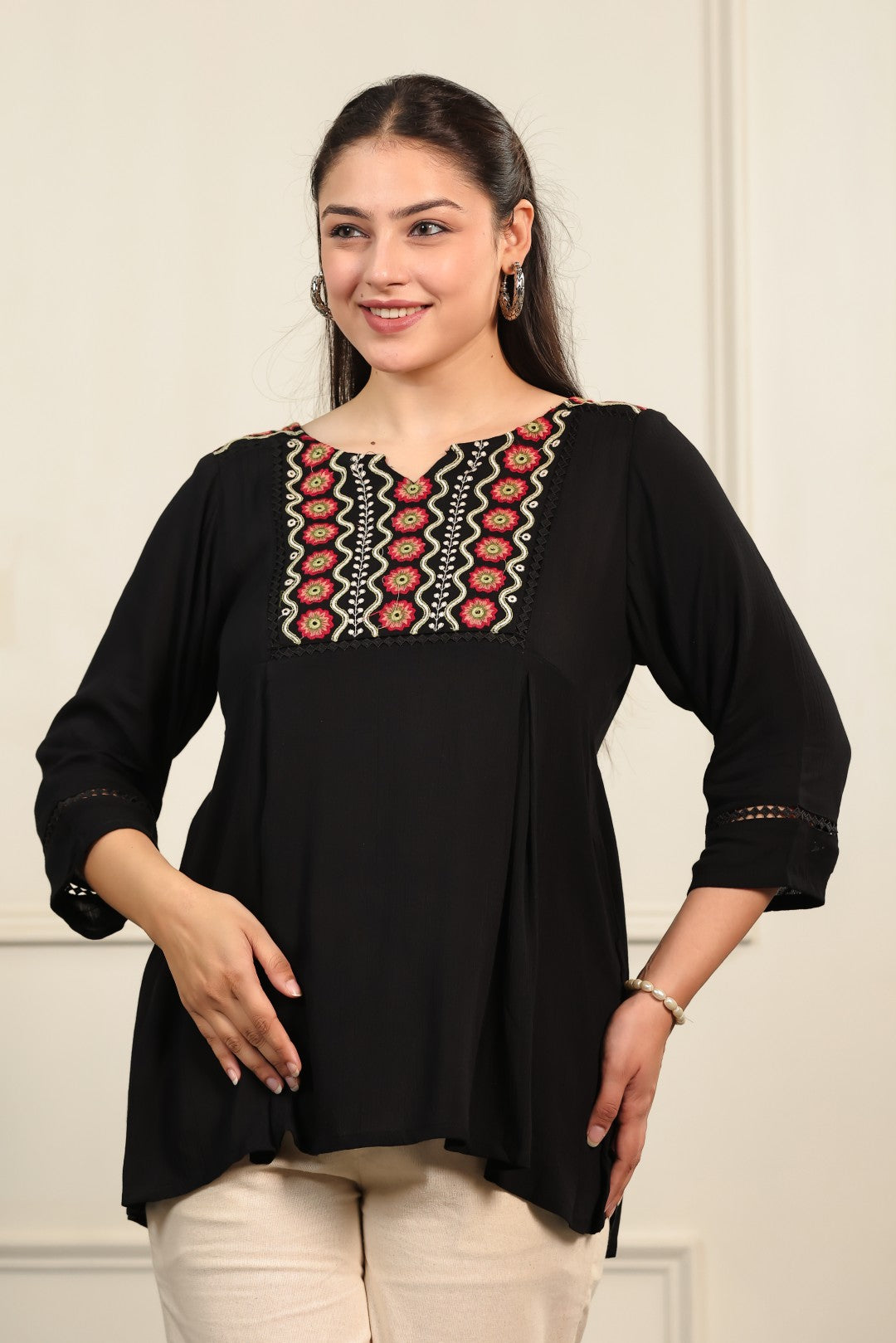 Black Wrinkled Rayon Thread Work Top