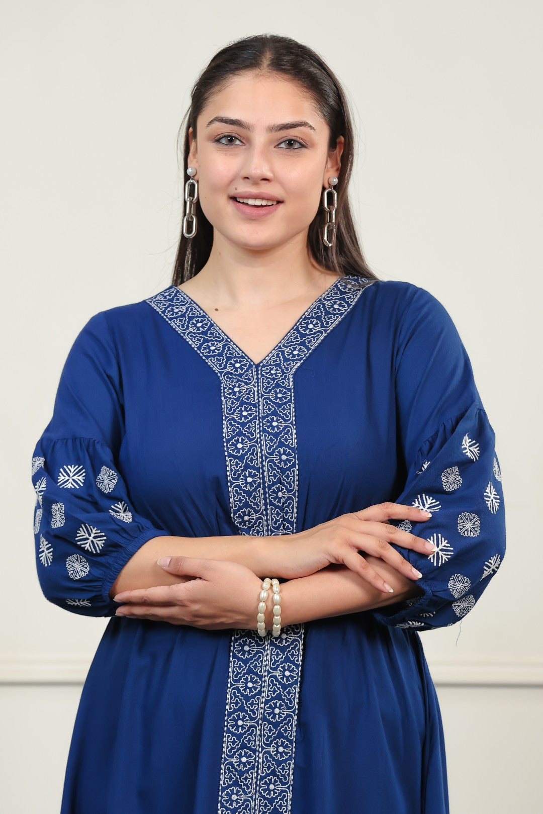 Royal Blue Rayon with White Thread Work Midi Dress