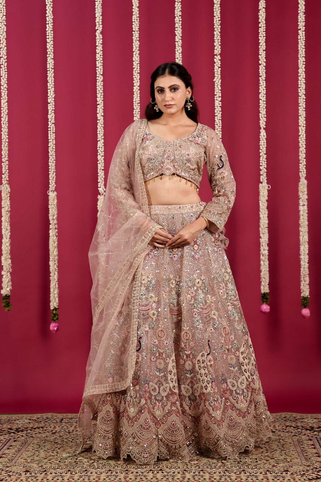Pink Net Lehenga with Heavy Embroidery and Matching Blouse & Dupatta