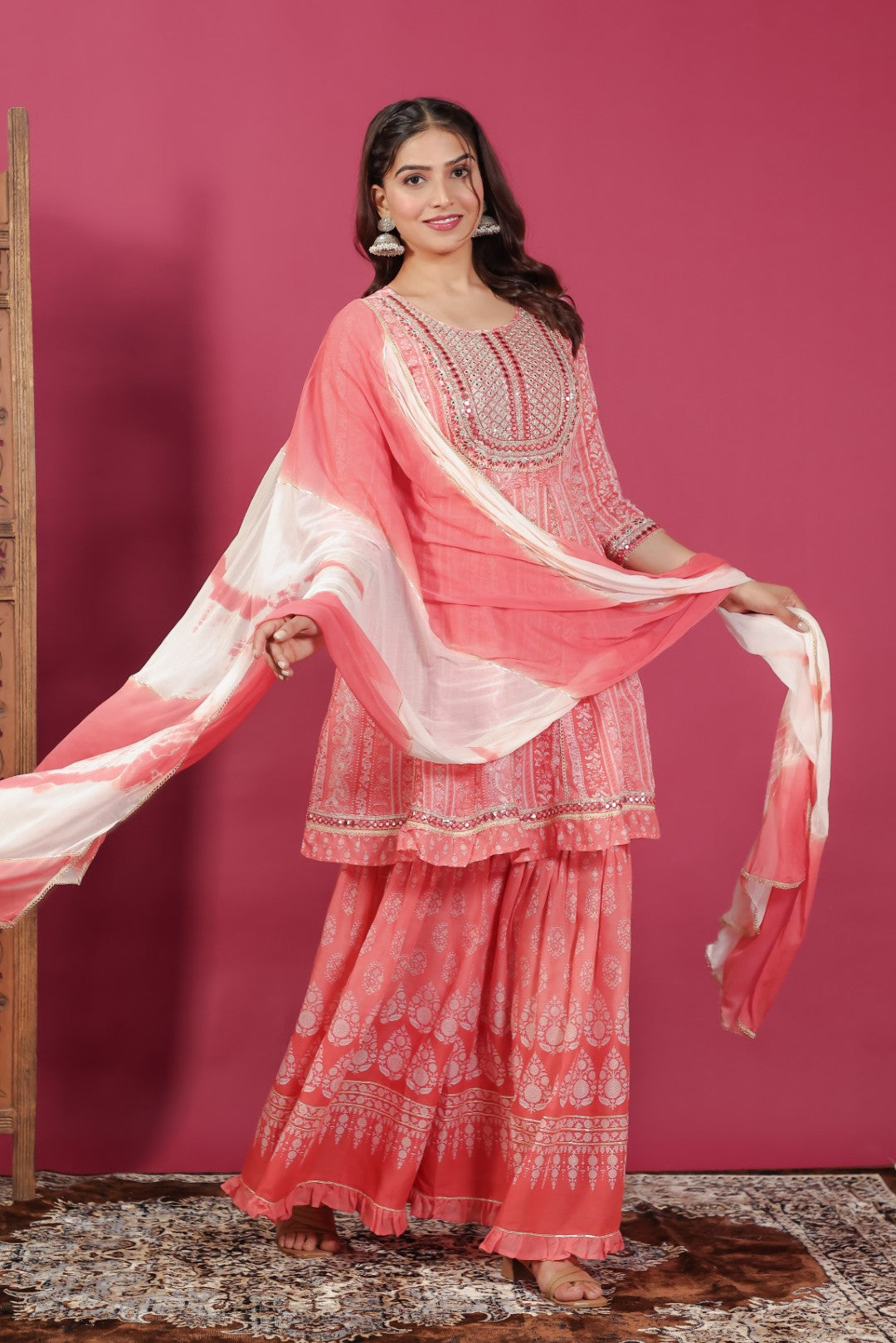 Reddish Orange Cotton Printed Suit, Palazzo & Dupatta