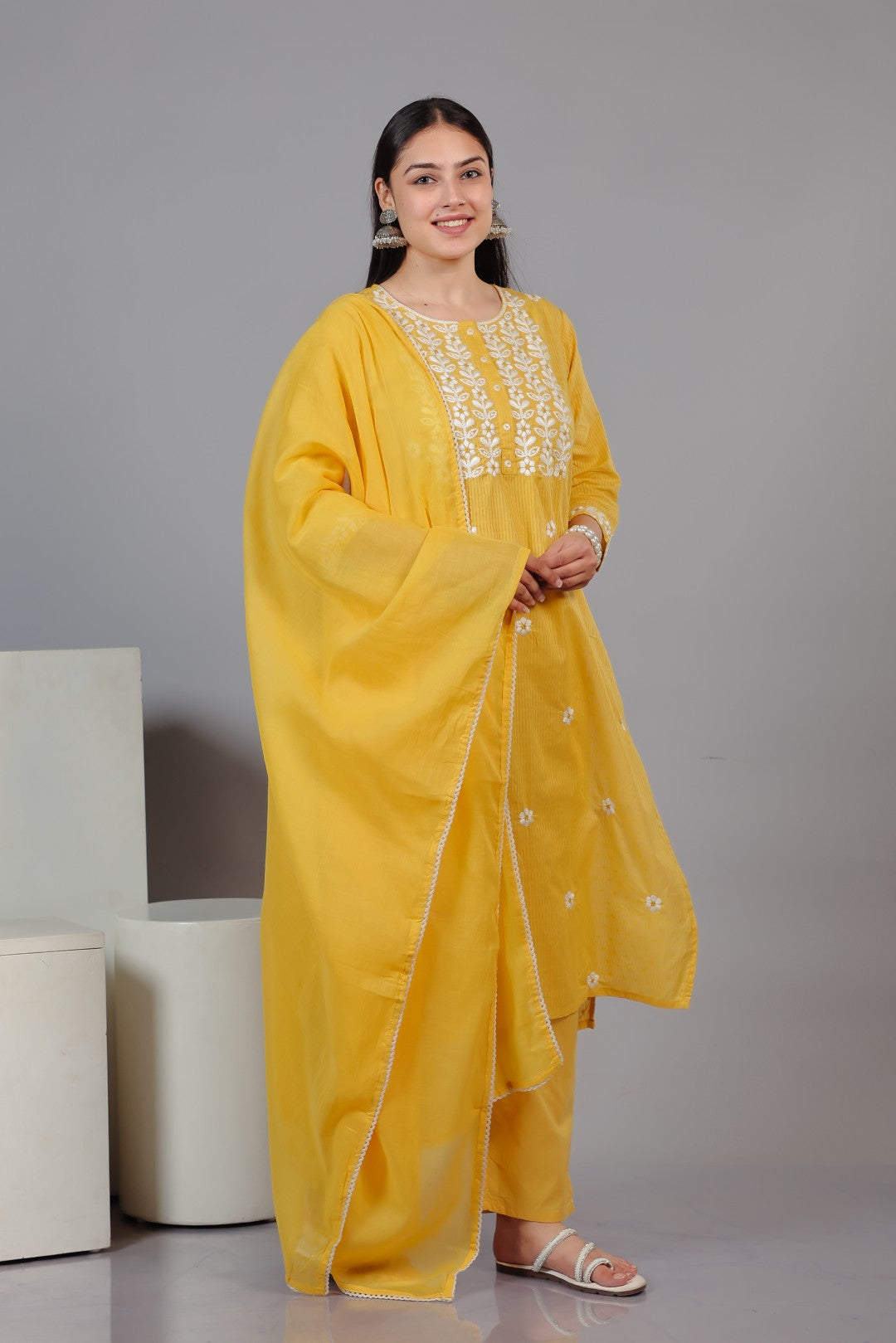 Yellow Cotton Suit with Fine Thread Work, Bottom & Dupatta