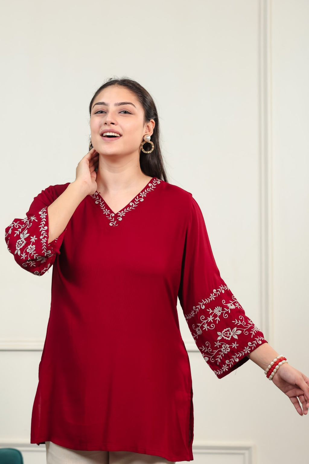Maroon Rayon Thread Embroidered Short Kurti