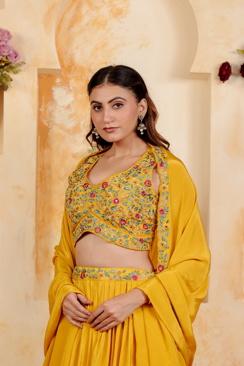 Yellow Crepe Silk Blouse with Thread & Stone Work, Lehenga & Dupatta