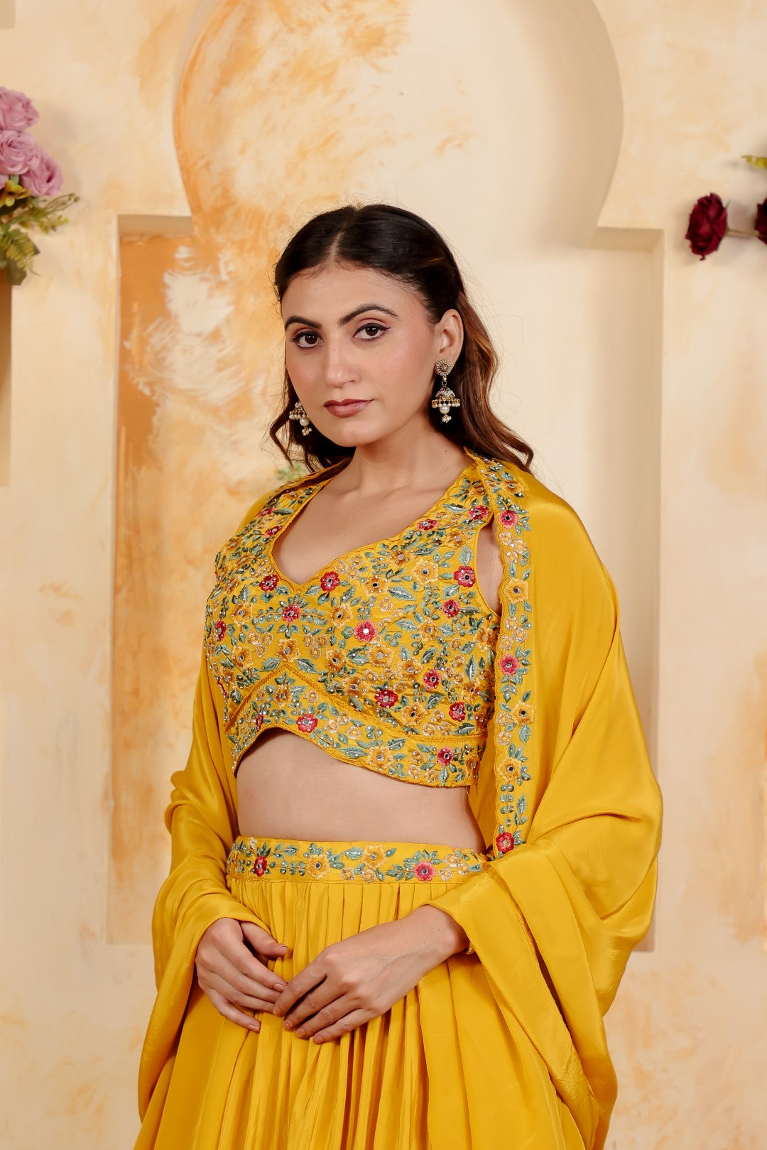 Yellow Crepe Silk Blouse with Thread & Stone Work, Lehenga & Dupatta