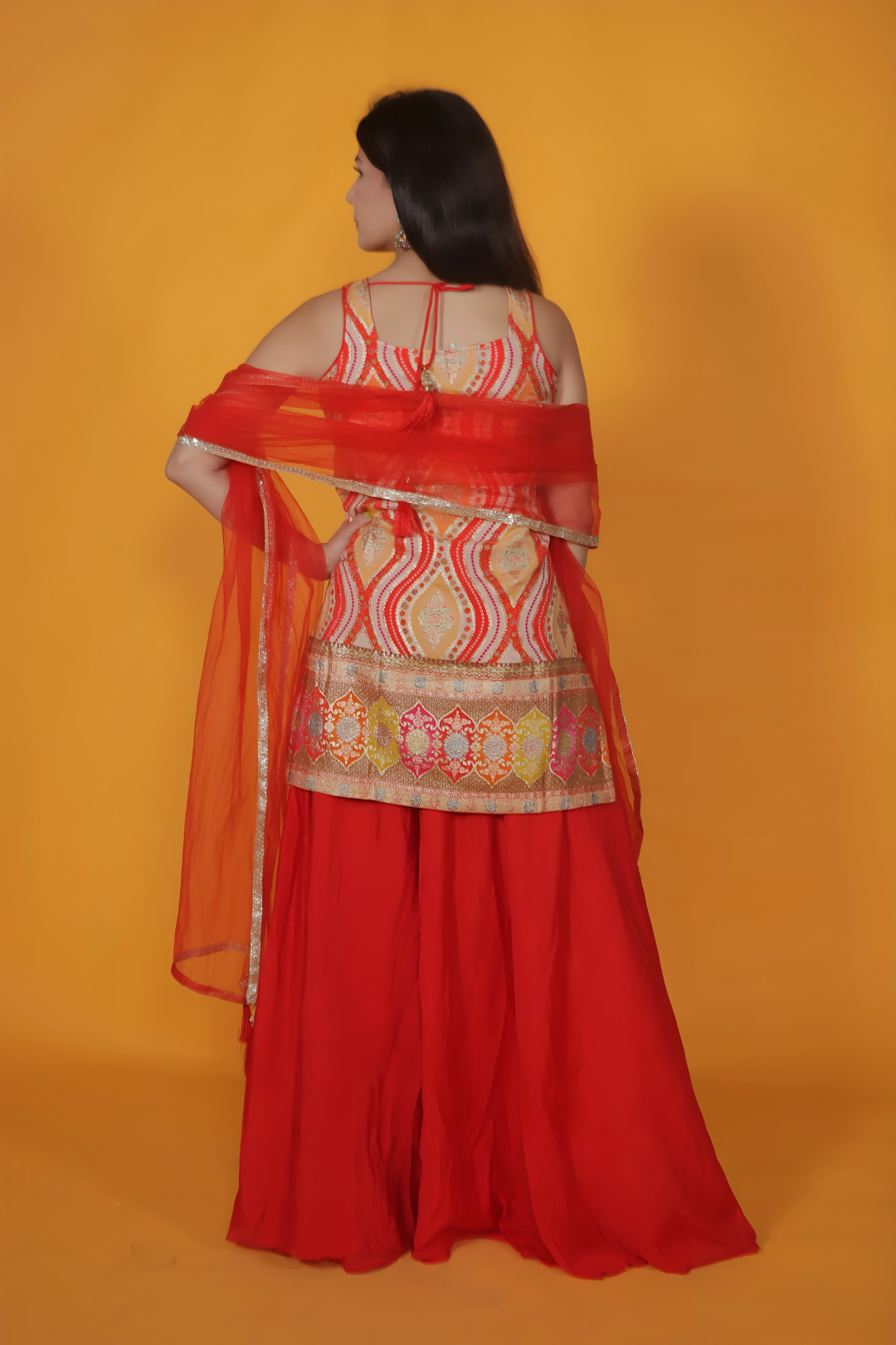 Red HO Silk Top with Position Printed Banarsi Work, Sharara & Net Dupatta