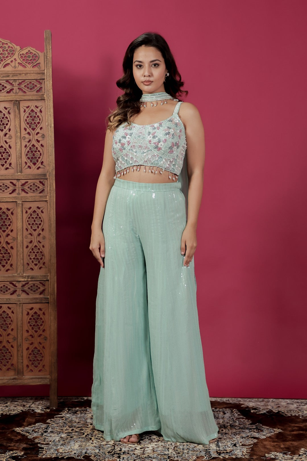 Sea Green Georgette Palazzo Set with Full Sequin Handwork Blouse & Dupatta