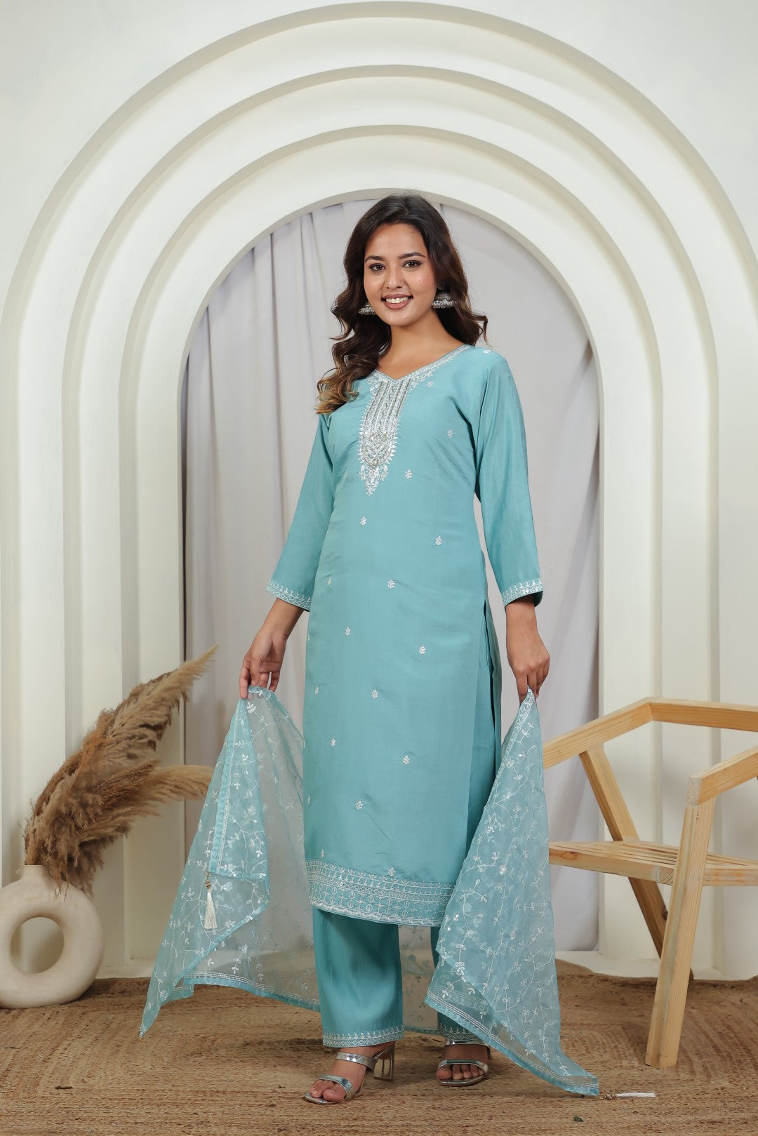 Sky Blue Muslin Suit with Thread Work, Straight Pant & Dupatta