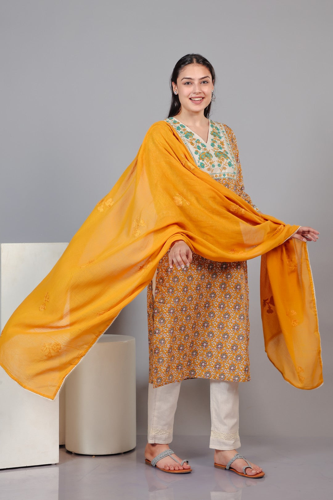 Yellow Cotton Printed Suit with Thread Work, Bottom & Dupatta