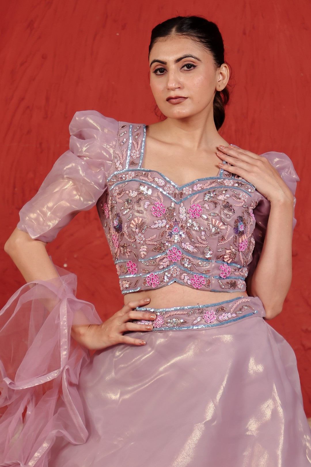 Lavender Net Lehenga with Handwork Blouse & Dupatta