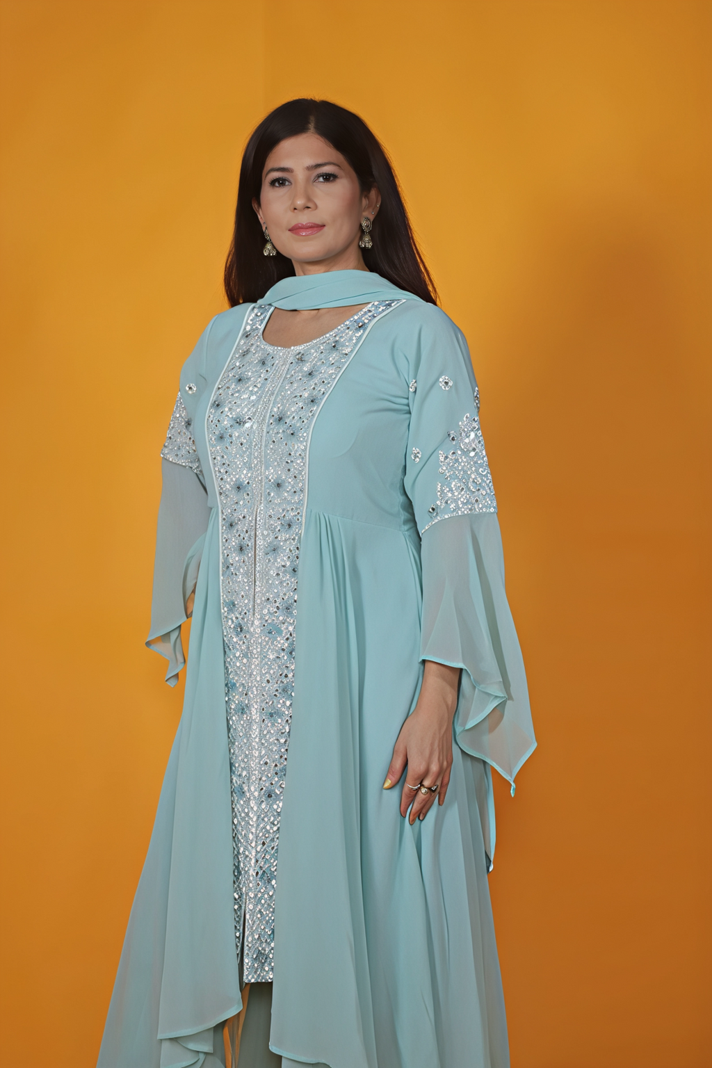 Sea Green Georgette Top with Thread work, Bottom & Dupatta