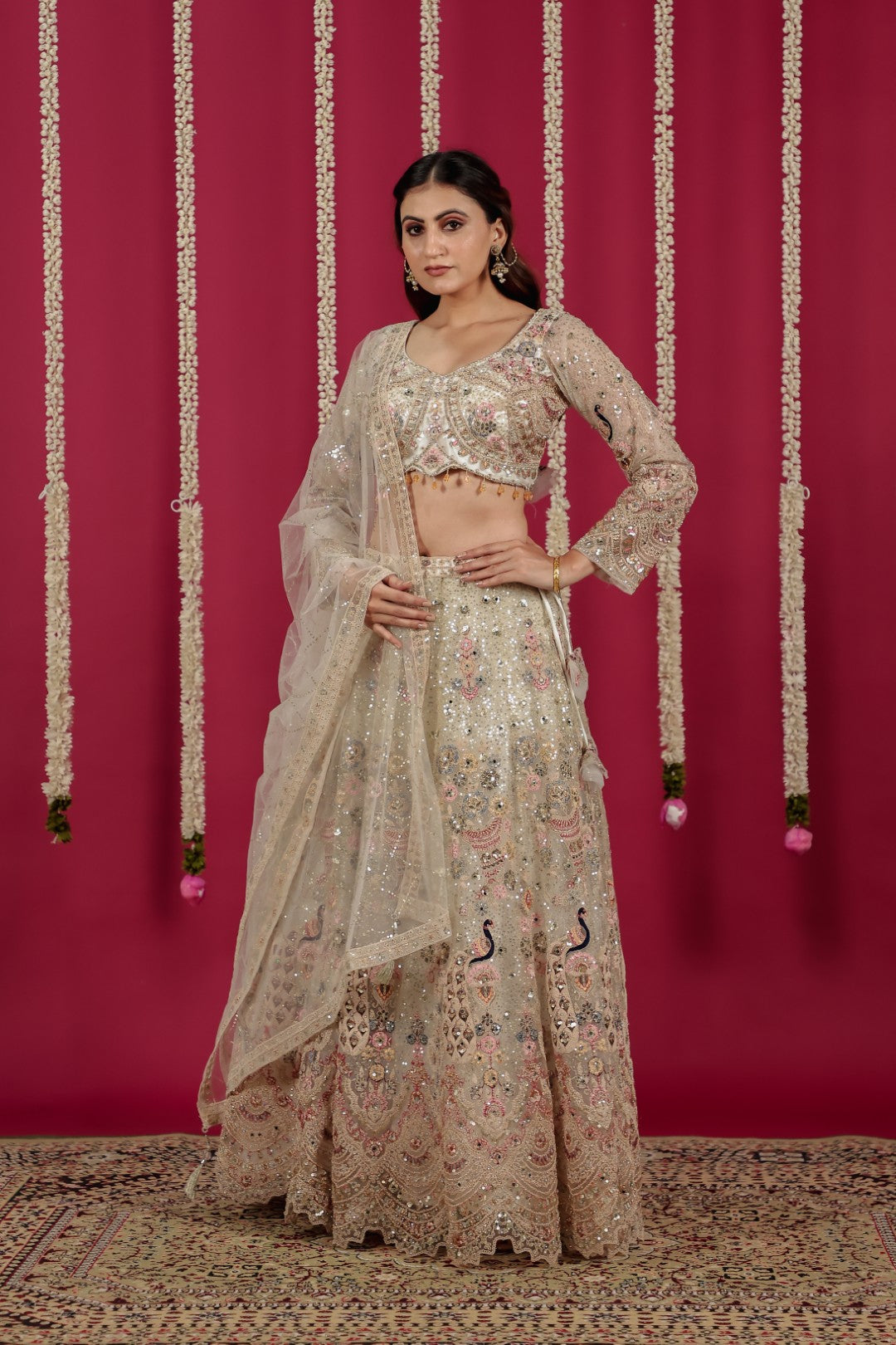 Off White Net Lehenga with Heavy Embroidery and Matching Blouse & Dupatta