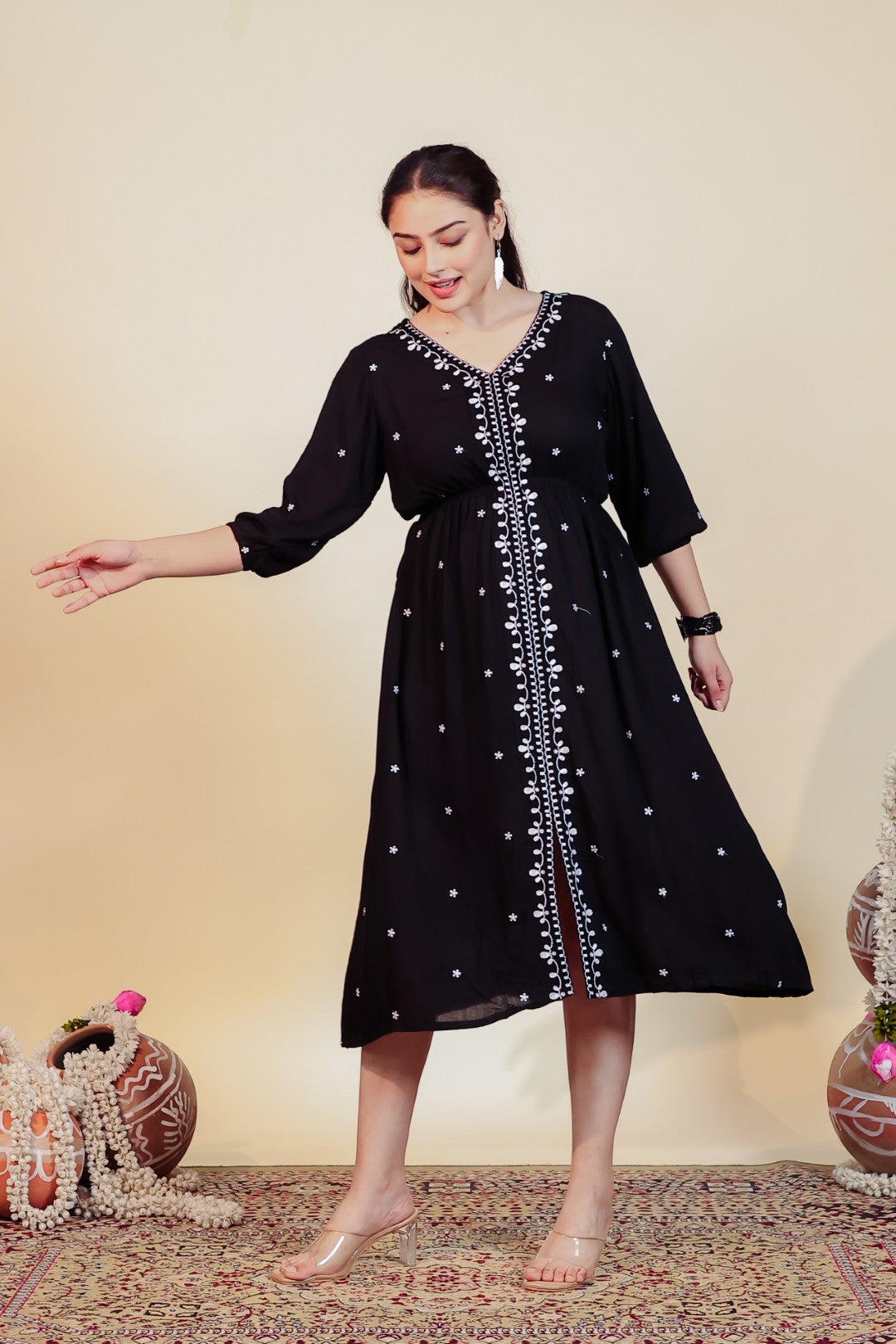 Black Rayon with White Thread Work Midi Dress