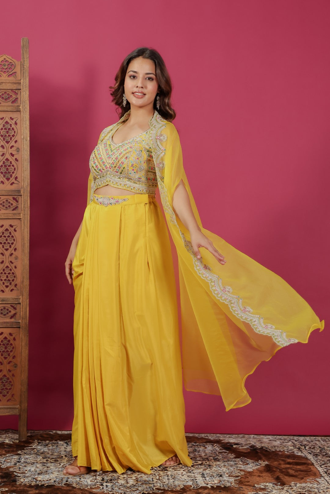 Yellow Crepe Silk Blouse with Hand & Thread Work, Sharara & Shrug