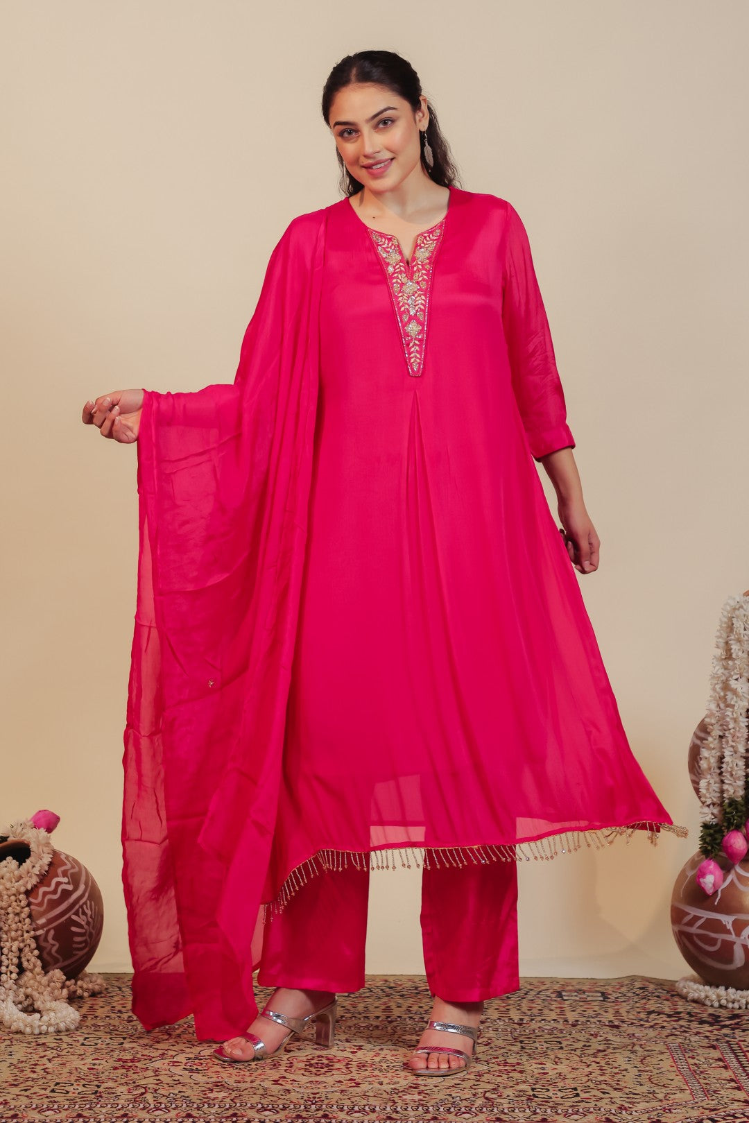 Rani Pink Chinon Suit with Handwork, Bottom & Dupatta