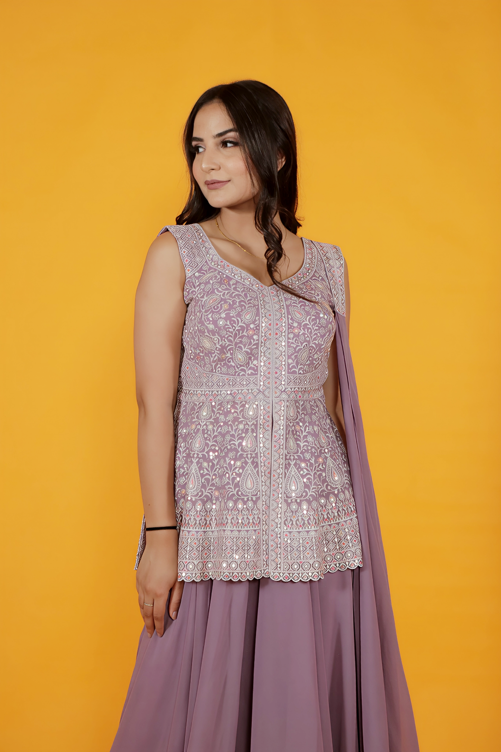 Lavender Shimmer Georgette Top with Thread & Seqins Work, Sharara & Dupatta
