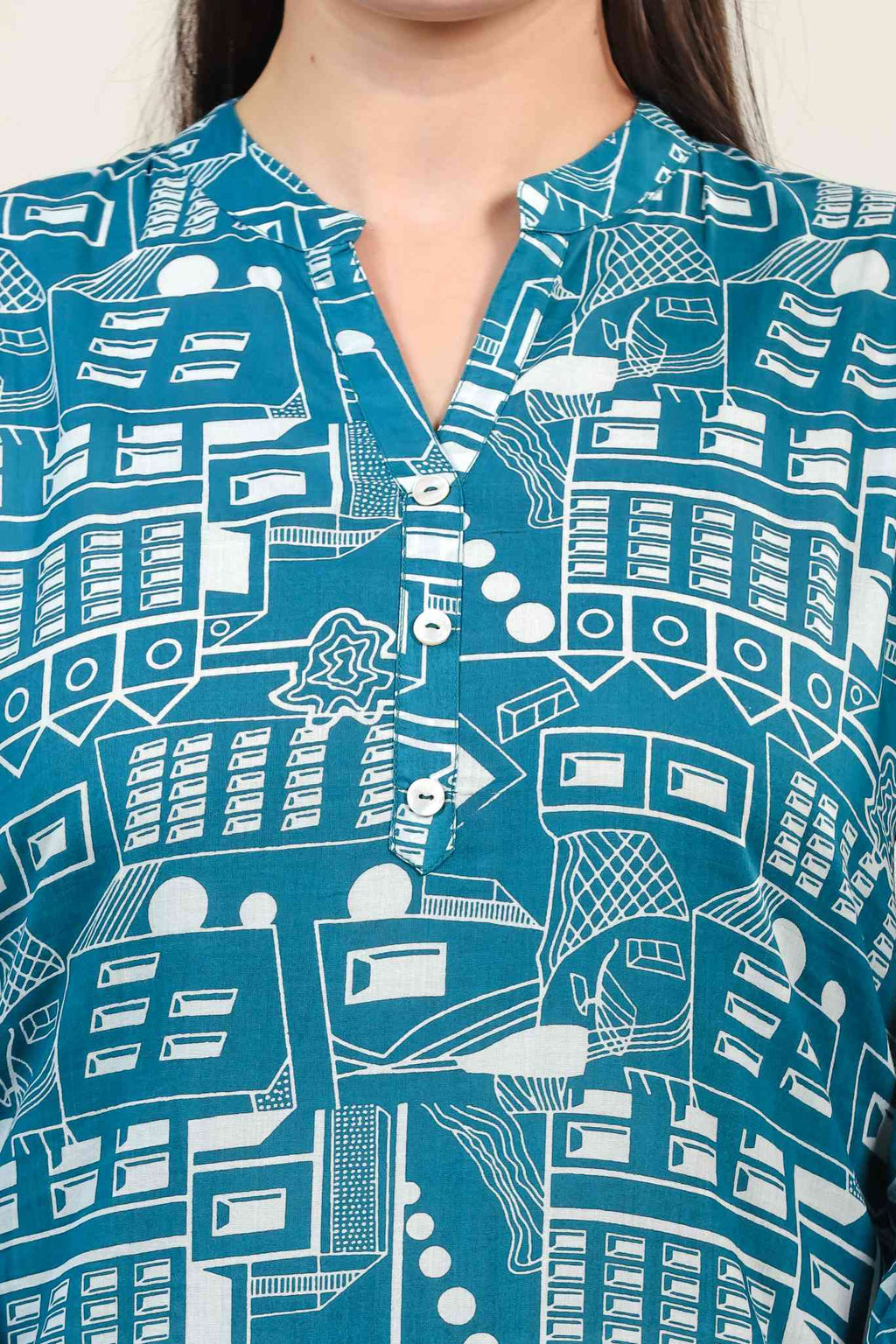 Teal Blue Cambric Cotton Printed Short Kurti