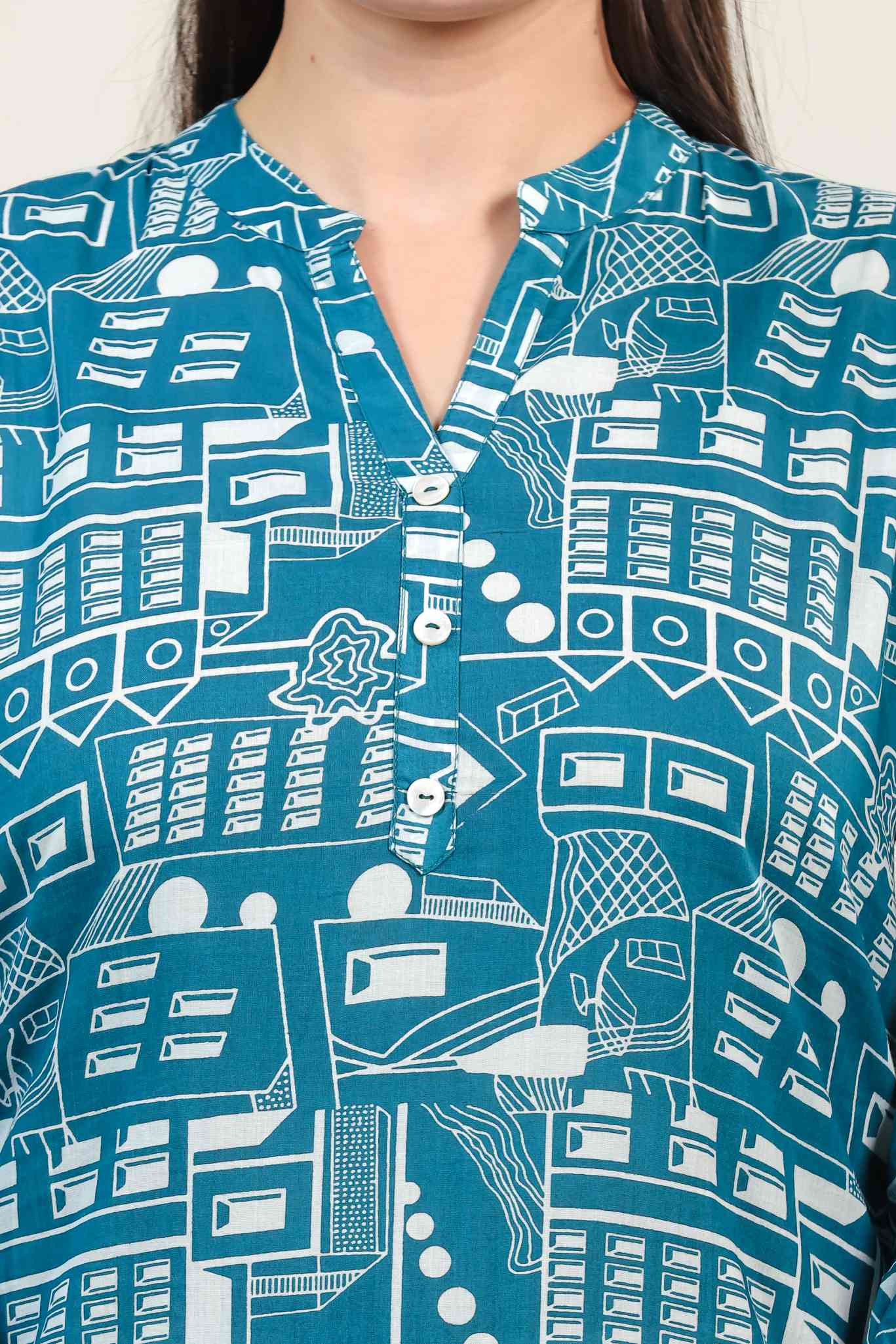 Teal Blue Cambric Cotton Printed Short Kurti