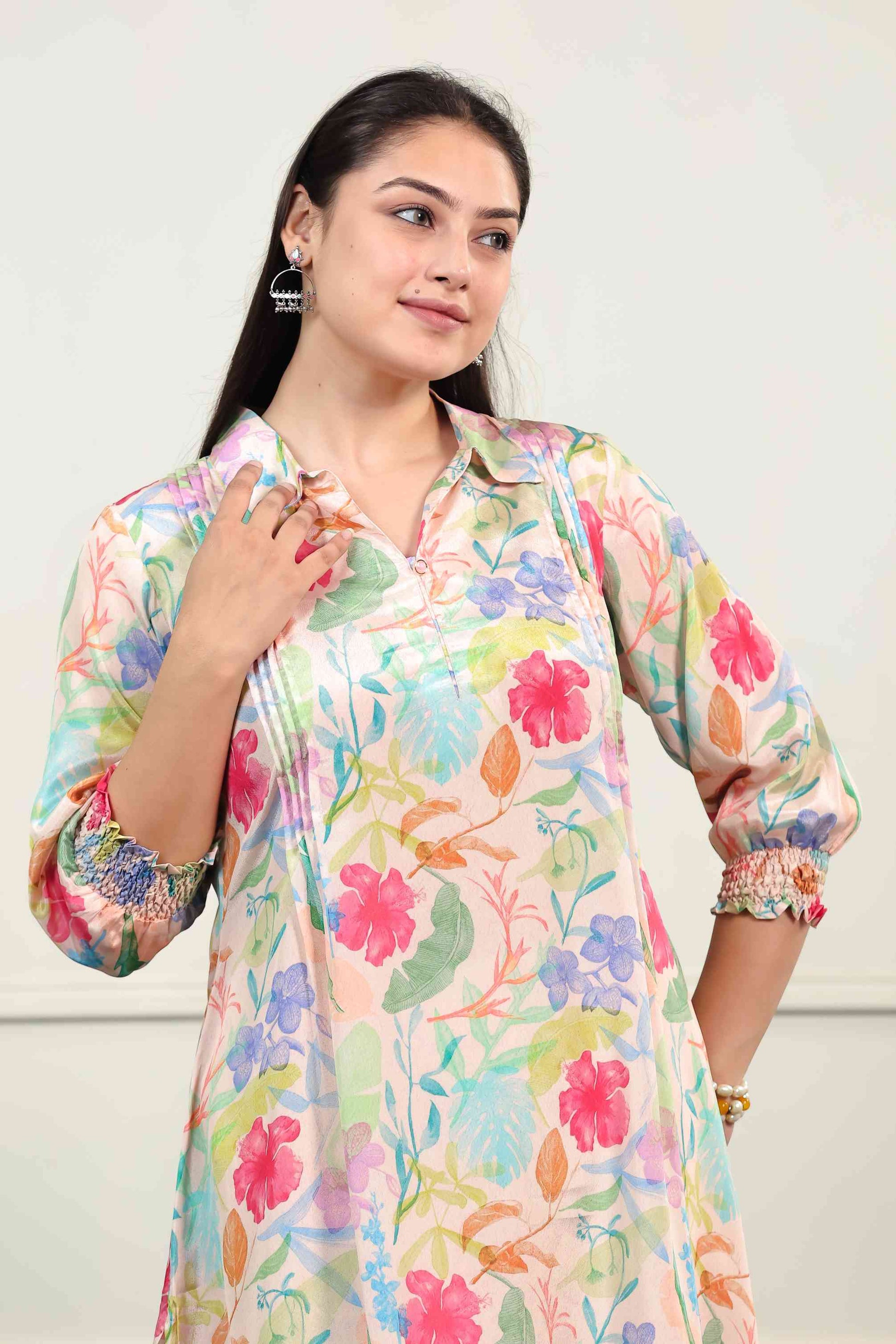 Peach Crepe Multicolor Floral Printed Short Kurti