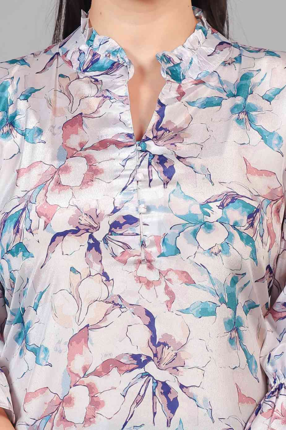 Silver Offwhite Crepe Multicolor Printed Short Kurti