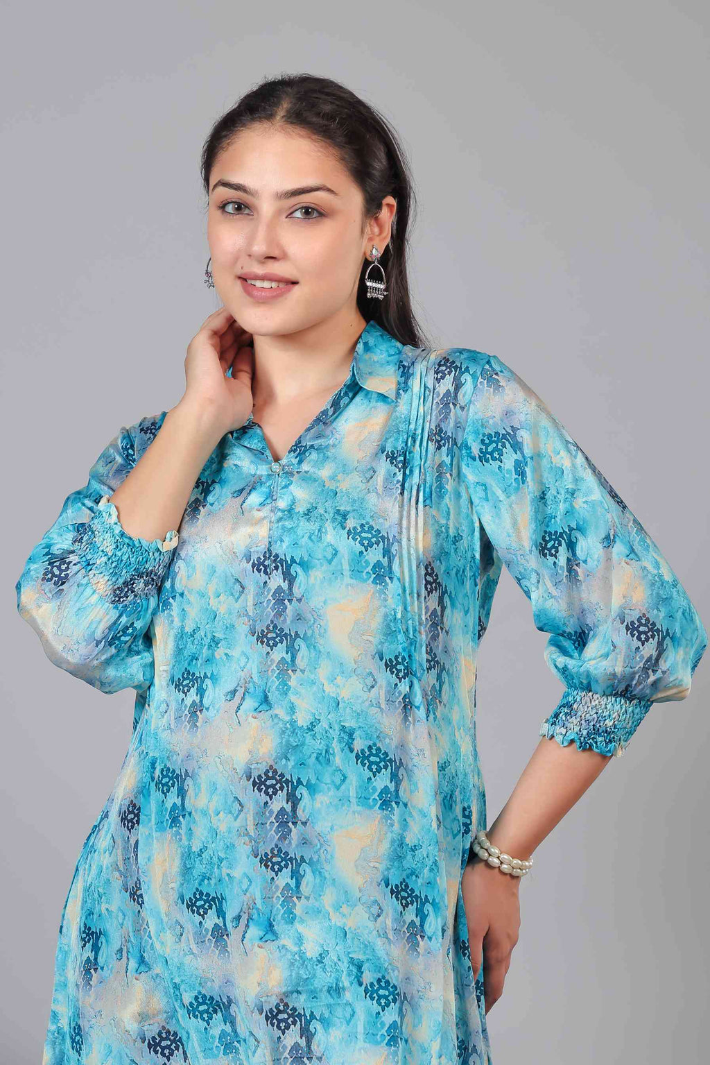 Rama Blue Crepe Printed Short Kurti