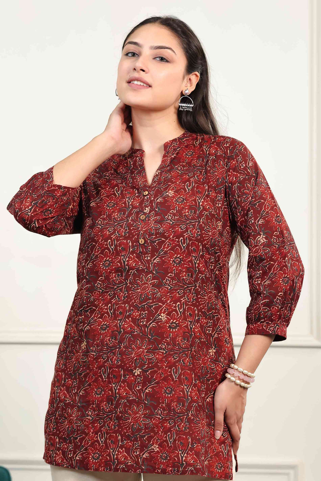 Maroon Cambric Cotton Printed Top