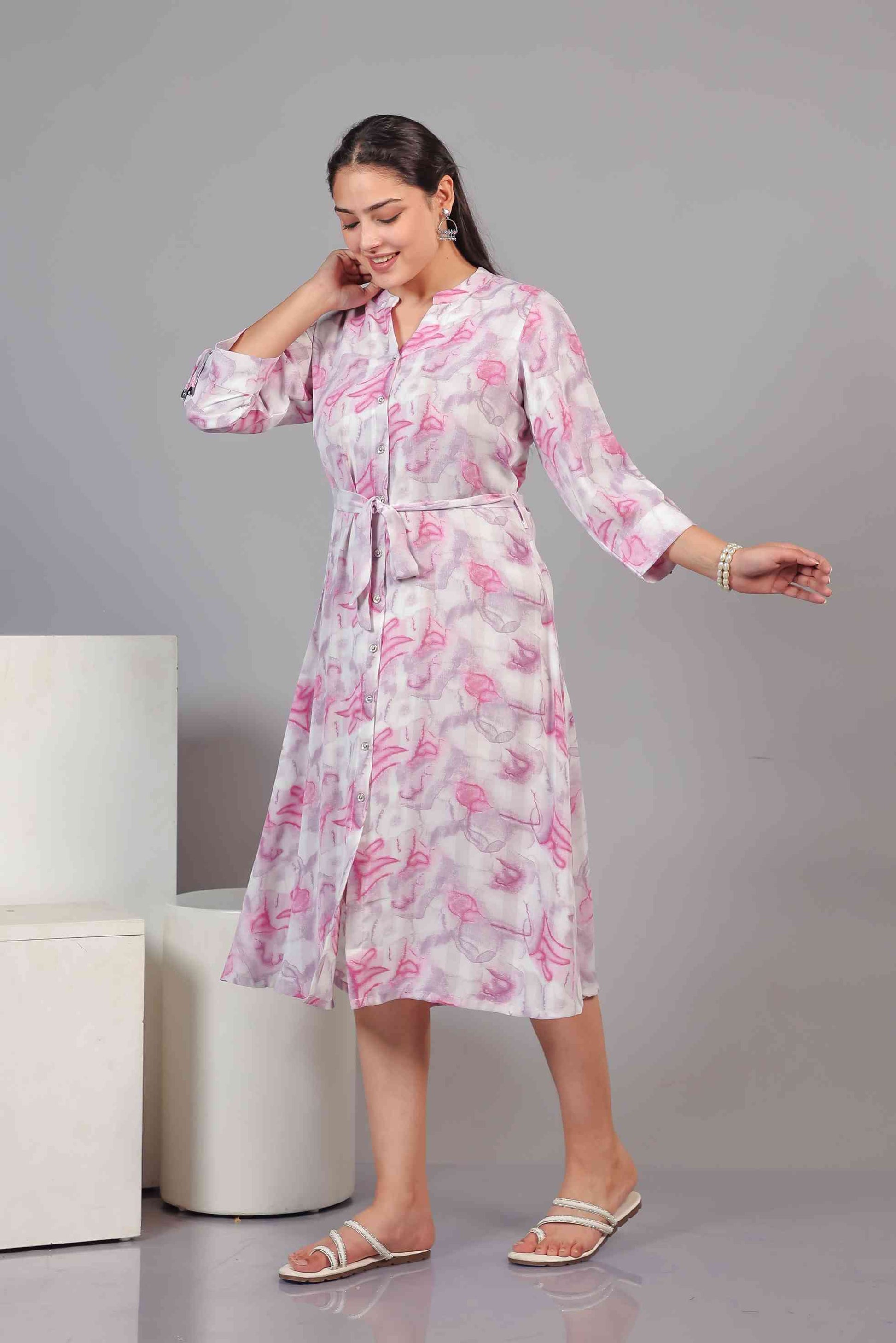 White Lycra with Baby Pink Printed Maxi Dress