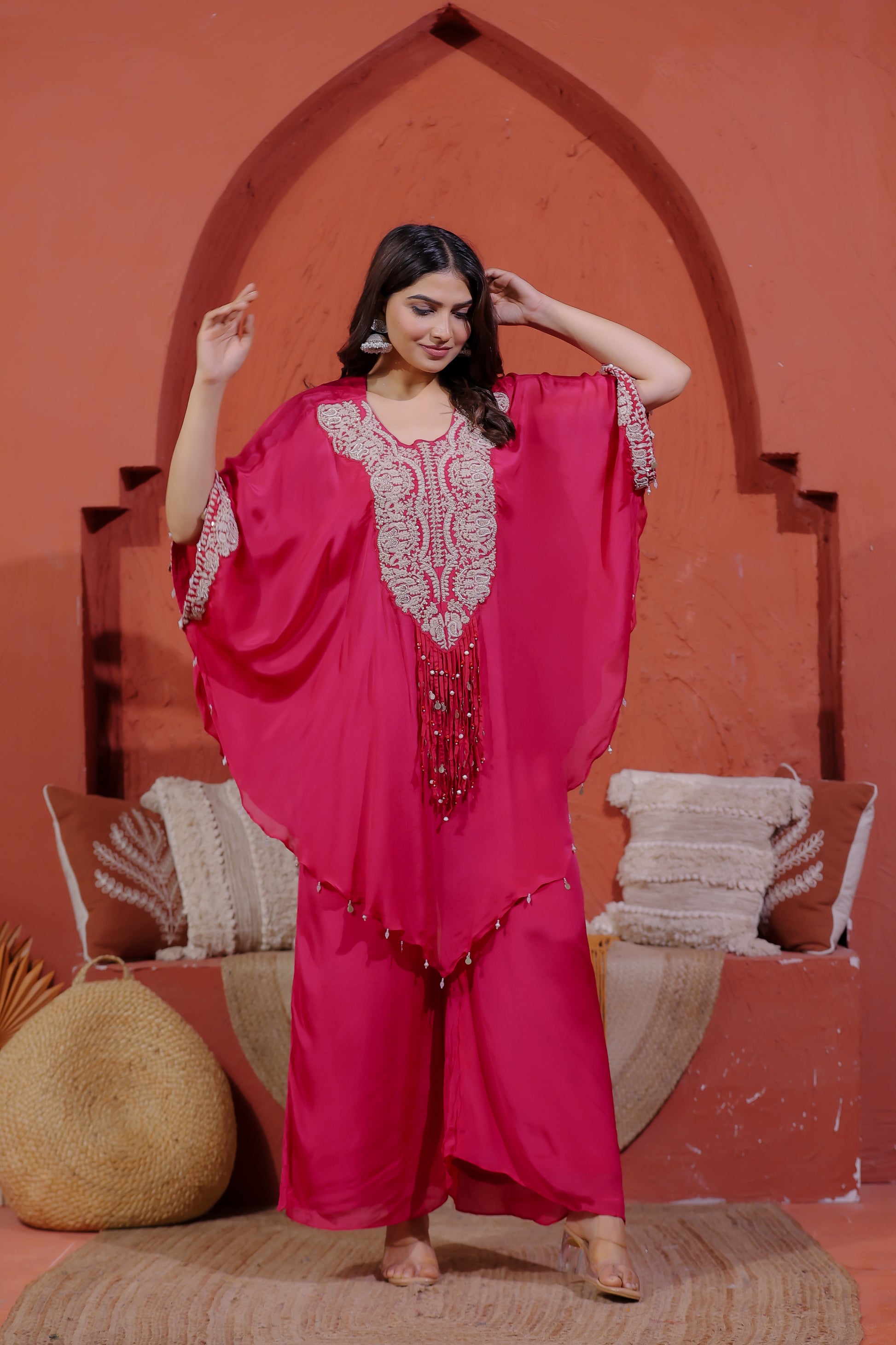 Rani Pink Chinon Silk Kaftan with Thread Embroidery, Blouse & Palazzo