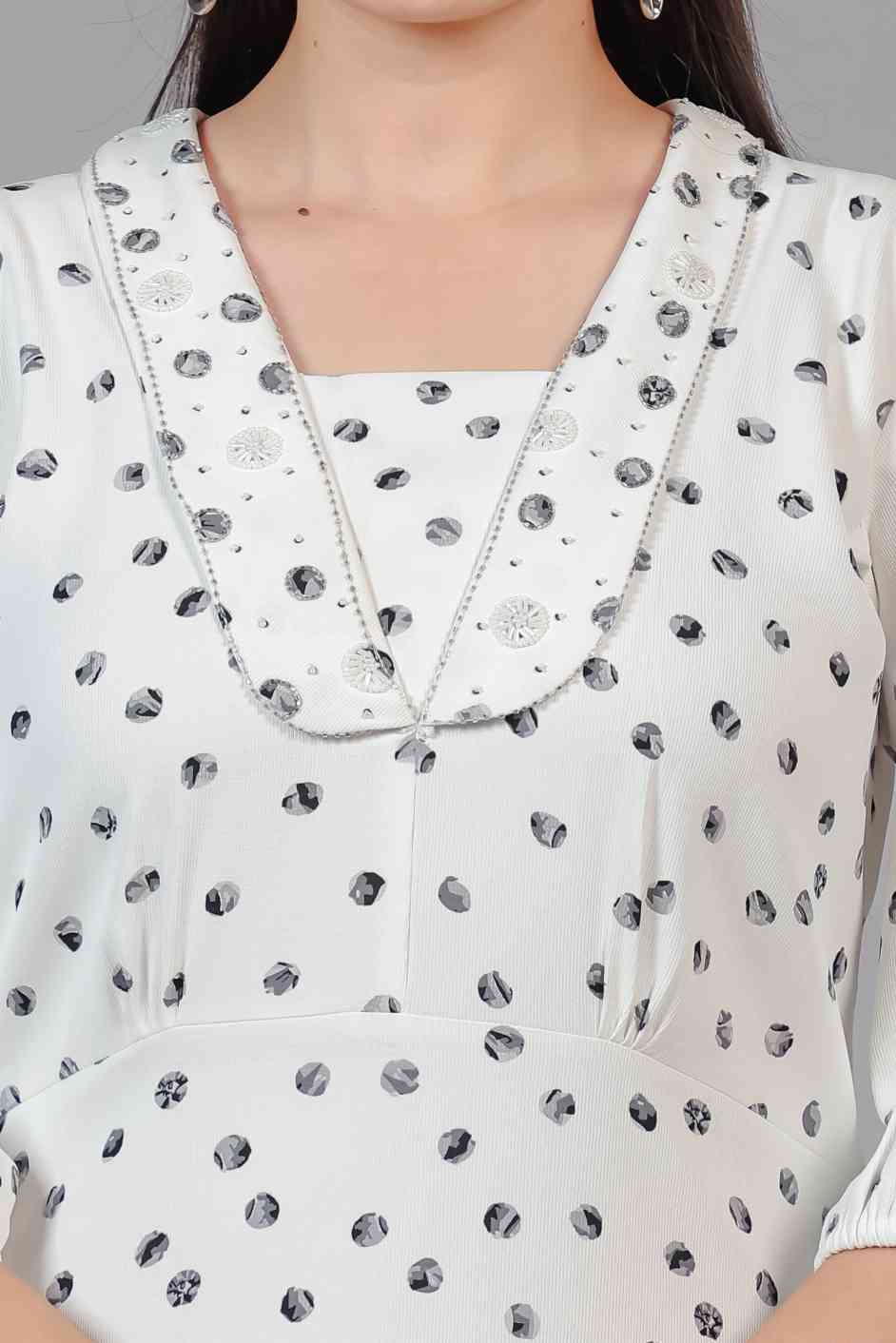 White Lycra with Pearl Handwork & Black Dots Printed Maxi Dress